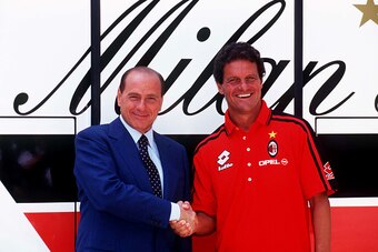 MILANELLO (VARESE) JULY 16, 1997: President AC Milan Silvio Berlusconi (L) and head coach Fabio Capello attend AC Milan press conference on July 16, 1997 at Milanello (Varese).