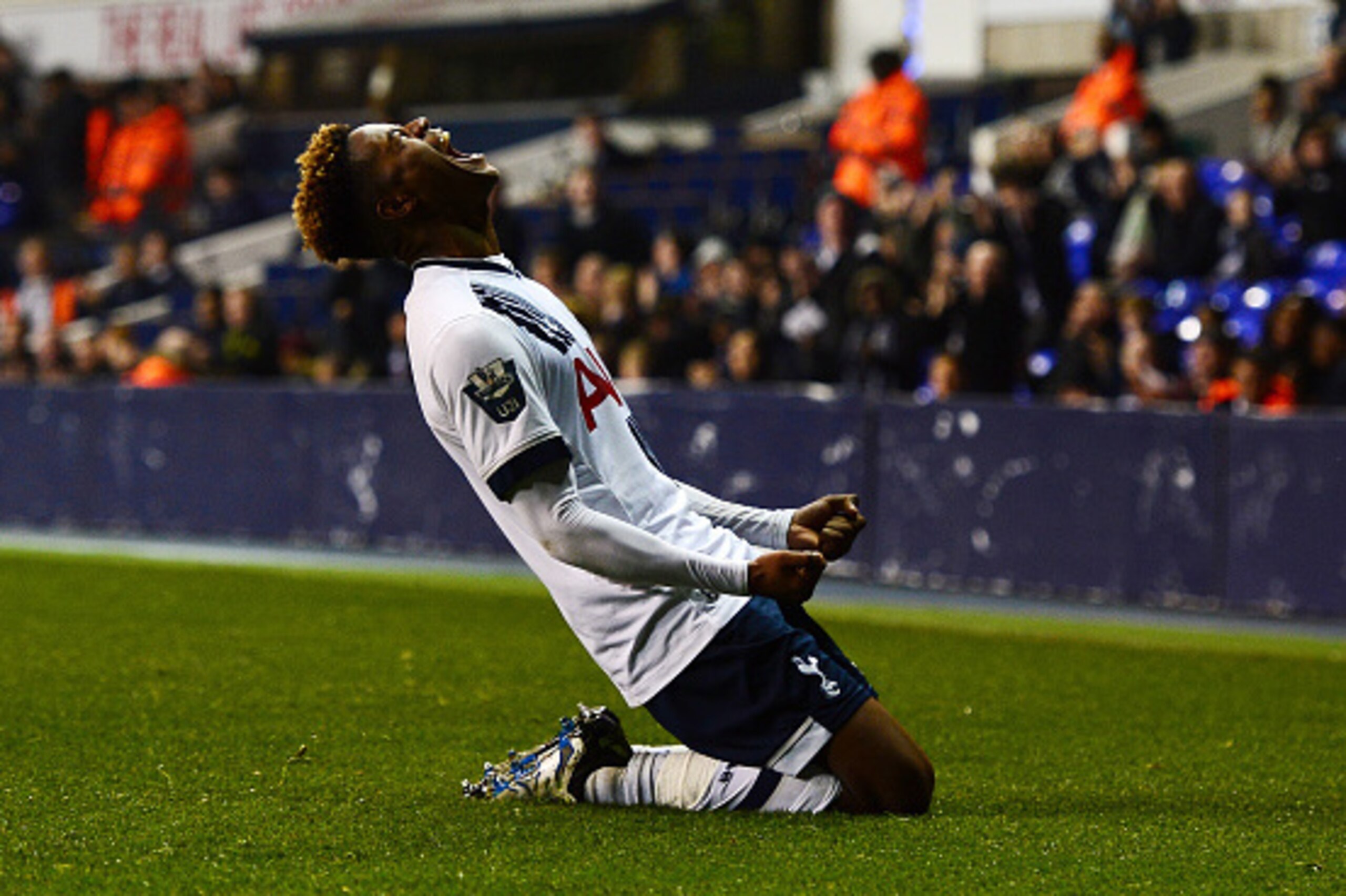 LONDON, ENGLAND - APRIL 11: Shayon Harrison of Tottenham Hotspur celebrates scoring his hat-trick and his side's third goal during the Barclays U21 Premier League match between Tottenham Hotspur U21 and Sunderland U21 at White Hart Lane on April 11, 2016 LONDON, ENGLAND - APRIL 11: Shayon Harrison of Tottenham Hotspur celebrates scoring his hat-trick and his side's third goal during the Barclays U21 Premier League match between Tottenham Hotspur U21 and Sunderland U21 at White Hart Lane on April 11, 2016