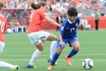 Jun 7, 2015; Ottawa, Ontario, CAN; Thailand forward Orathai Srimanee (13) moves the ball against Norway defender Ingrid Moe Wold (13) in the second half of a Group B soccer match in the 2015 women's World Cup at Lansdowne Stadium. Norway defeated Thailand