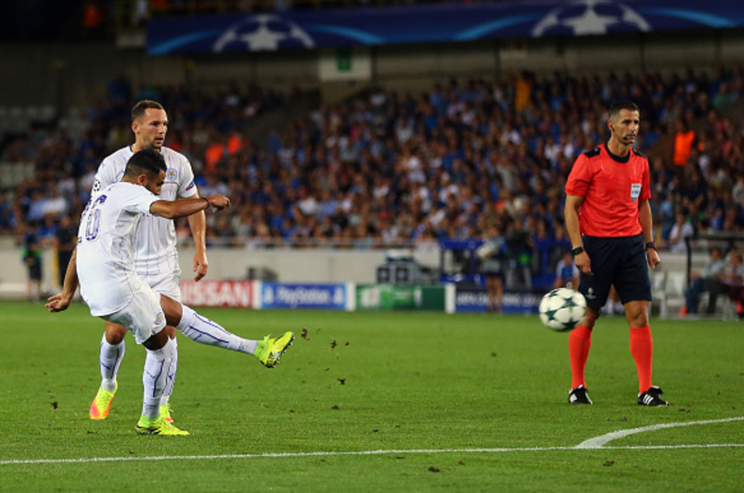 BRUGGE, BELGIUM - SEPTEMBER 14: Riyad Mahrez of Leicester City scores a goal to make it 0-2 during the UEFA Champions League match between Club Brugge and Leicester City at Jan Breydel Stadium on September 14, 2016 in Brugge, West-Vlaanderen. (Photo by Ca