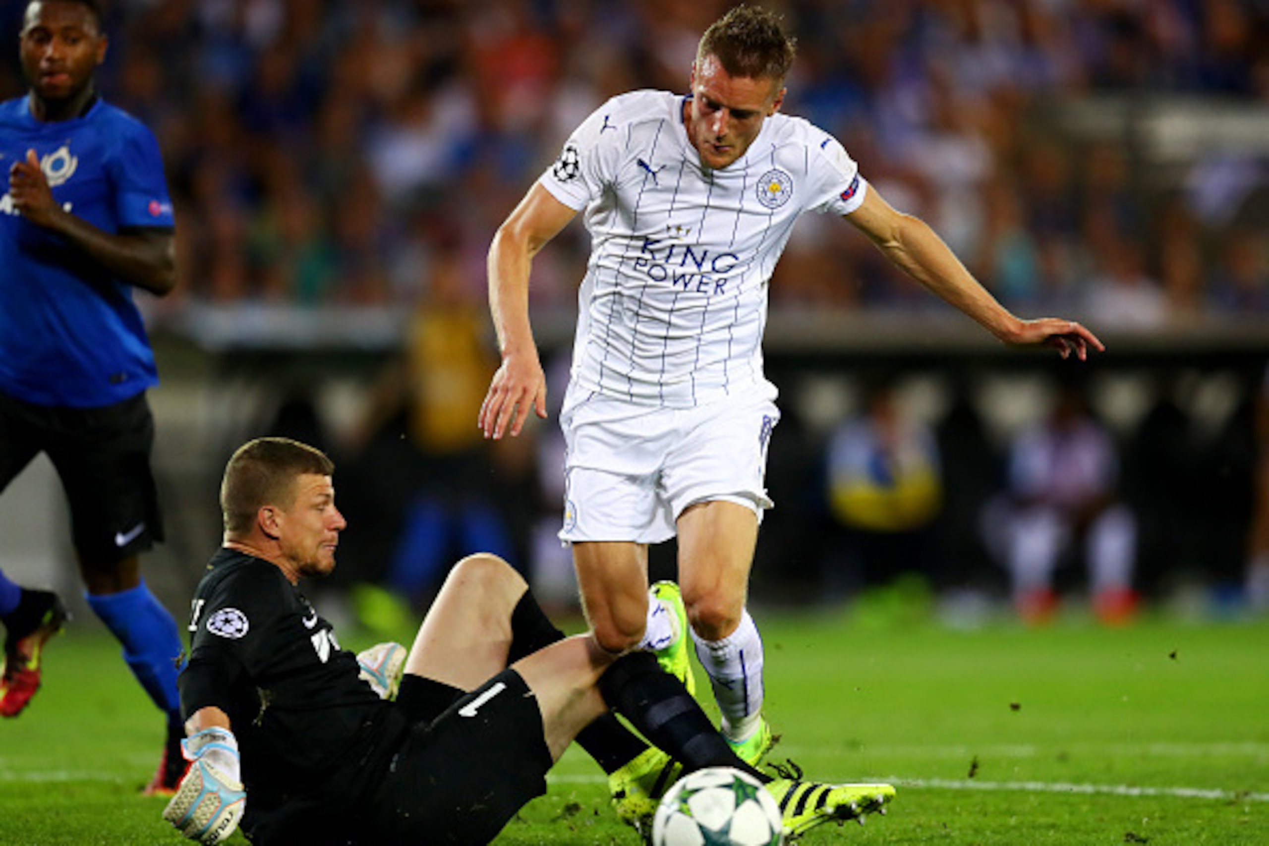 BRUGGE, BELGIUM - SEPTEMBER 14: Jamie Vardy of Leicester City is fouled by Ludovic Butelle of Club Brugge  leading to a penalty for Leicester City during the UEFA Champions League match between Club Brugge KV and Leicester City FC at Jan Breydel Stadium o
