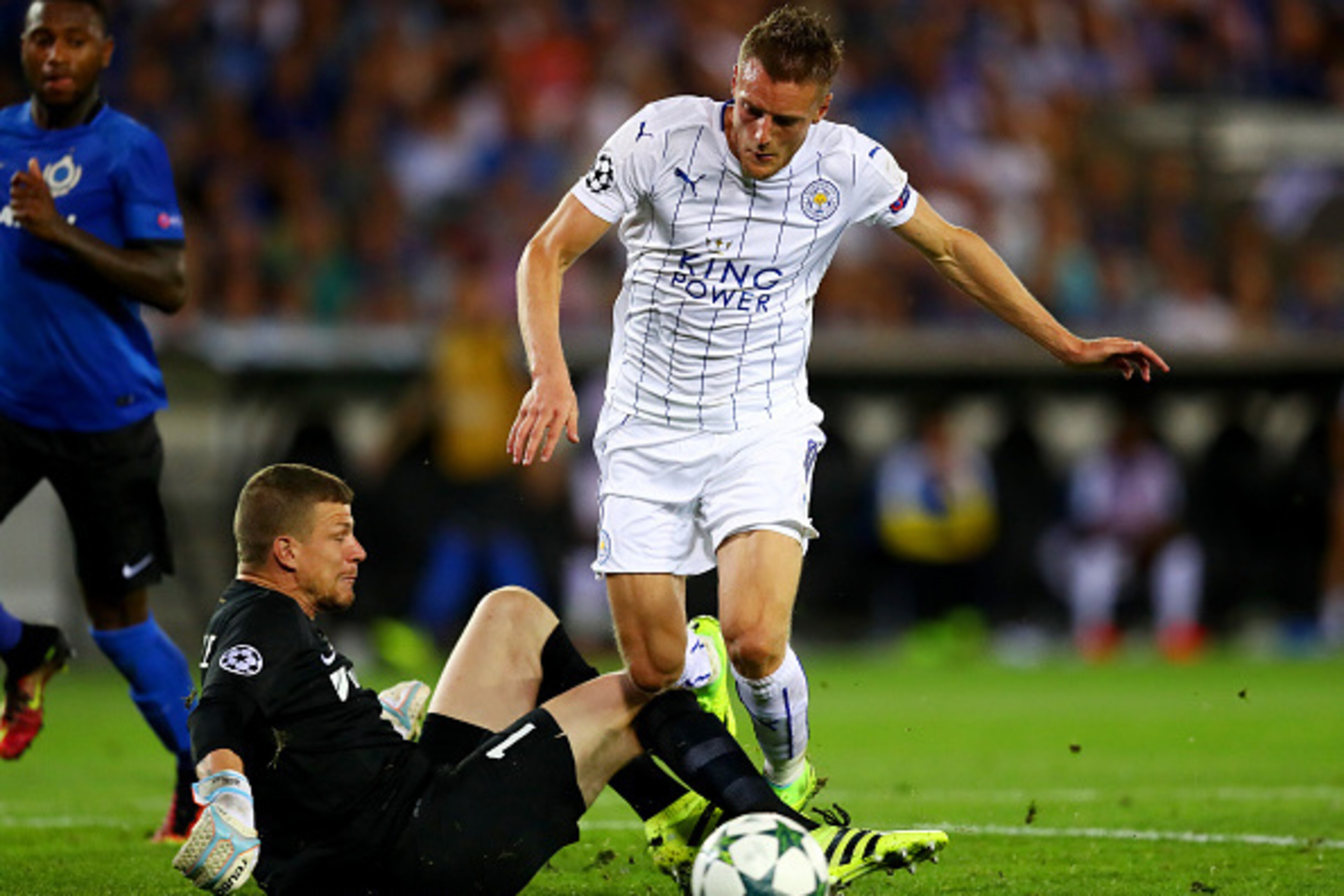 BRUGGE, BELGIUM - SEPTEMBER 14: Jamie Vardy of Leicester City is fouled by Ludovic Butelle of Club Brugge  leading to a penalty for Leicester City during the UEFA Champions League match between Club Brugge KV and Leicester City FC at Jan Breydel Stadium o