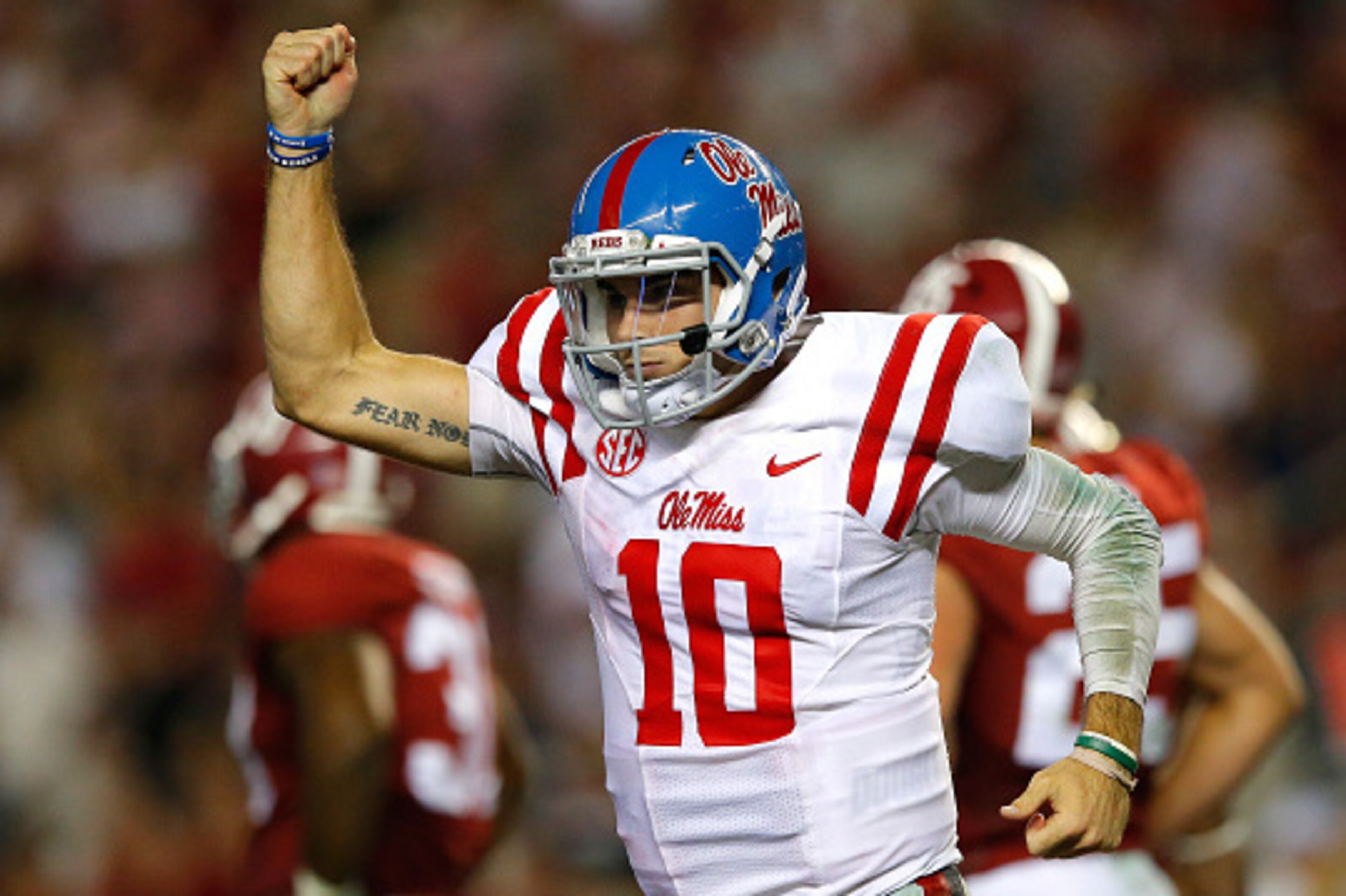 TUSCALOOSA, AL - SEPTEMBER 19: Chad Kelly #10 of the Mississippi Rebels reacts after passing for a touchdown against the Alabama Crimson Tide at Bryant-Denny Stadium on September 19, 2015 in Tuscaloosa, Alabama. (Photo by Kevin C. Cox/Getty Images) TUSCALOOSA, AL - SEPTEMBER 19: Chad Kelly #10 of the Mississippi Rebels reacts after passing for a touchdown against the Alabama Crimson Tide at Bryant-Denny Stadium on September 19, 2015 in Tuscaloosa, Alabama. (Photo by Kevin C. Cox/Getty Images)
