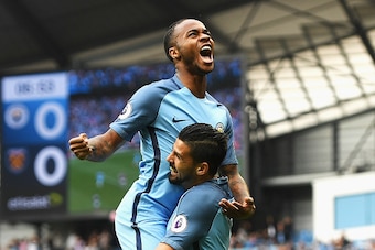 MANCHESTER, ENGLAND - AUGUST 28:  Raheem Sterling of Manchester City celebrates scoring the opening goal with Nolito during the Premier League match between Manchester City and West Ham United at Etihad Stadium on August 28, 2016 in Manchester, England.  