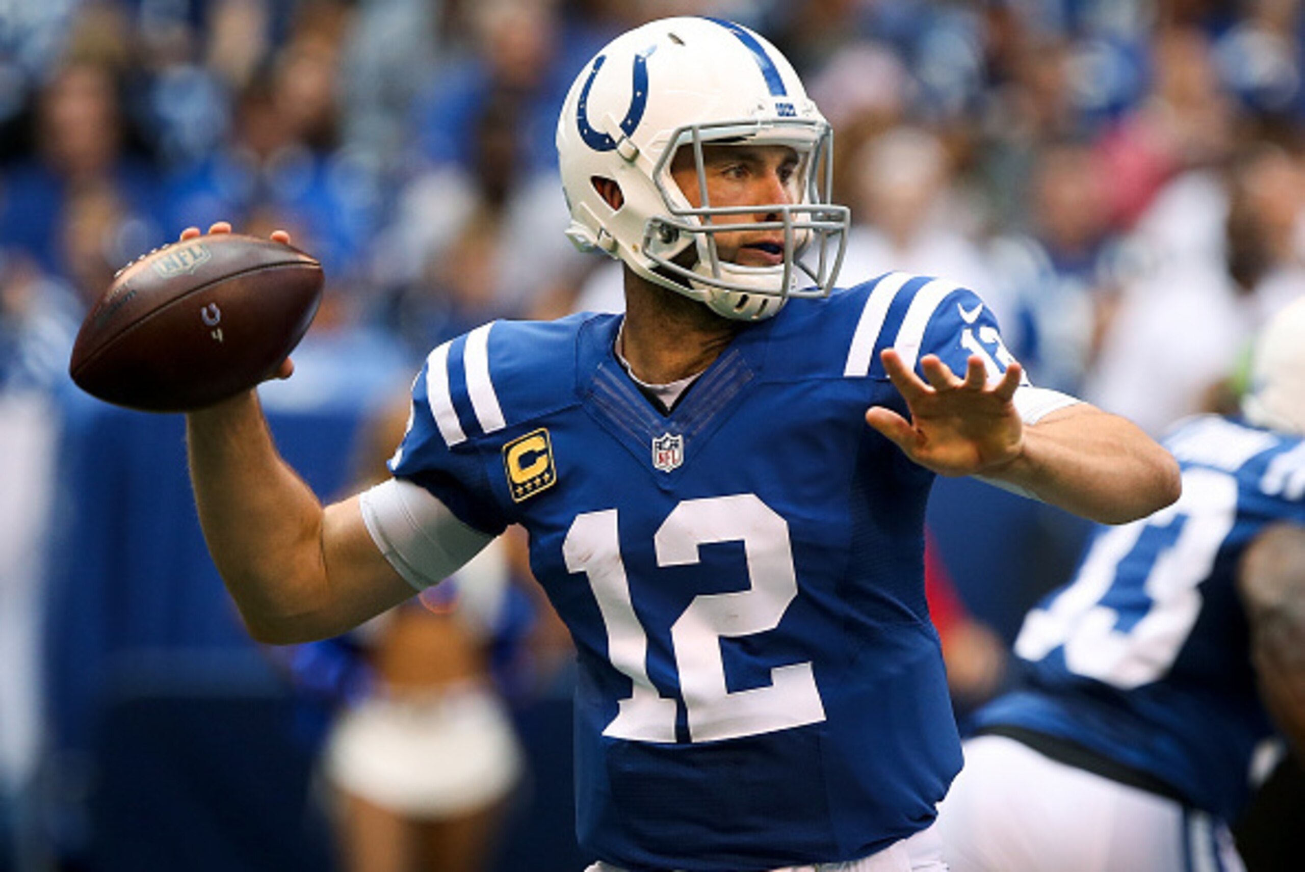 INDIANAPOLIS, IN - SEPTEMBER 11:  Andrew Luck #12 of the Indianapolis Colts drops back to pass in the first quarter against the Detroit Lions at Lucas Oil Stadium on September 11, 2016 in Indianapolis, Indiana. (Photo by Dylan Buell/Getty Images)