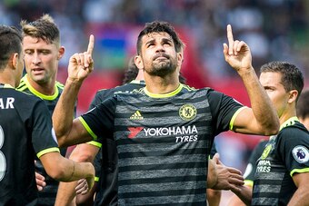 SWANSEA, WALES - SEPTEMBER 11: Diego Costa celebrates his goal  during the Premier League match between Swansea City and Chelsea at The Liberty Stadium on September 11, 2016 in Swansea, Wales. (photo by Athena Pictures/Getty Images)