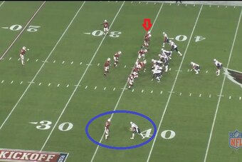 Jimmy Garoppolo's pre-snap read after Martellus Bennett's move from the left to right side of the formation.