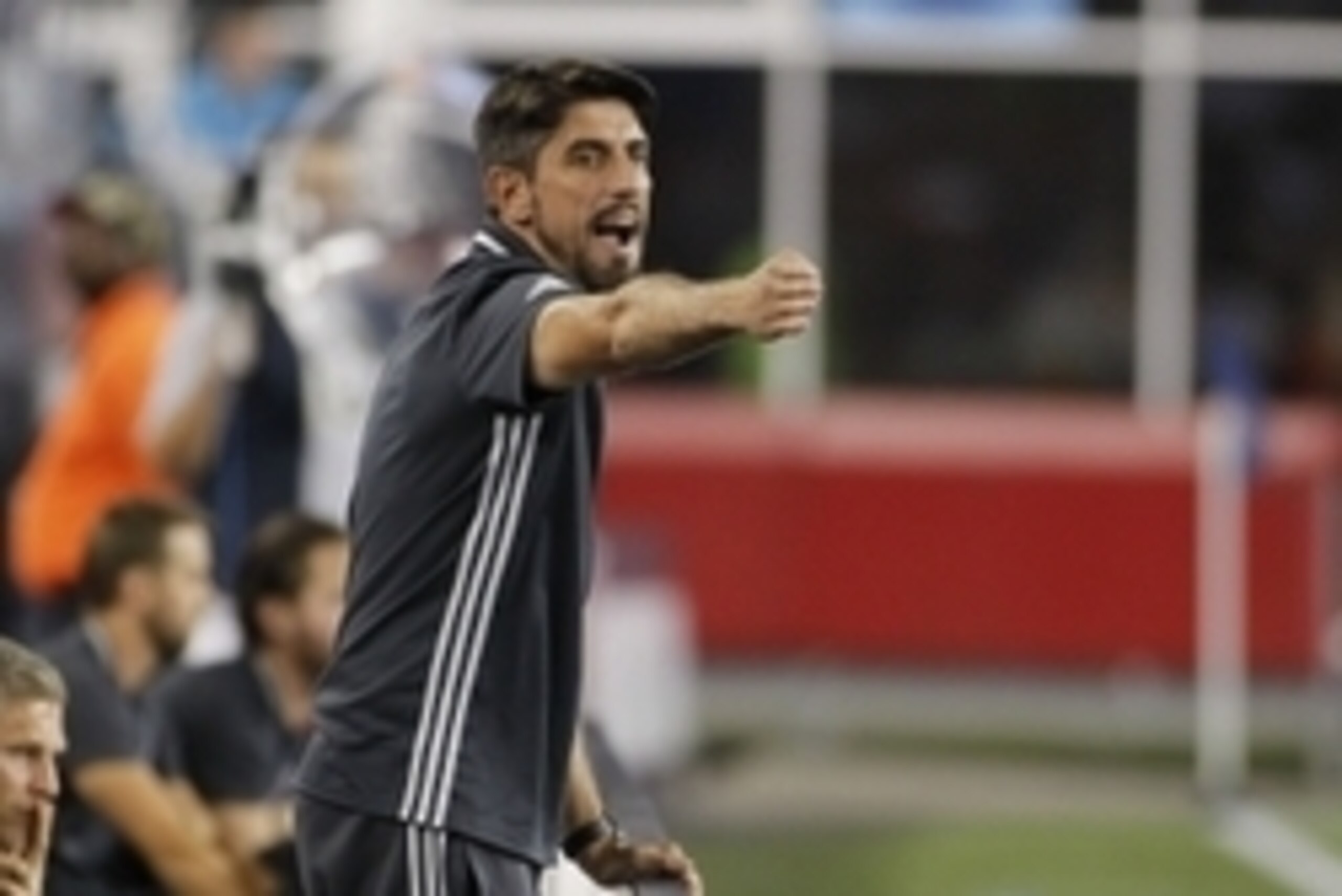 Aug 9, 2016; Foxborough, MA, USA; Chicago Fire head coach Veljko Paunovic gels at the referee during the first half against the New England Revolution at Gillette Stadium. Mandatory Credit: Stew Milne-USA TODAY Sports