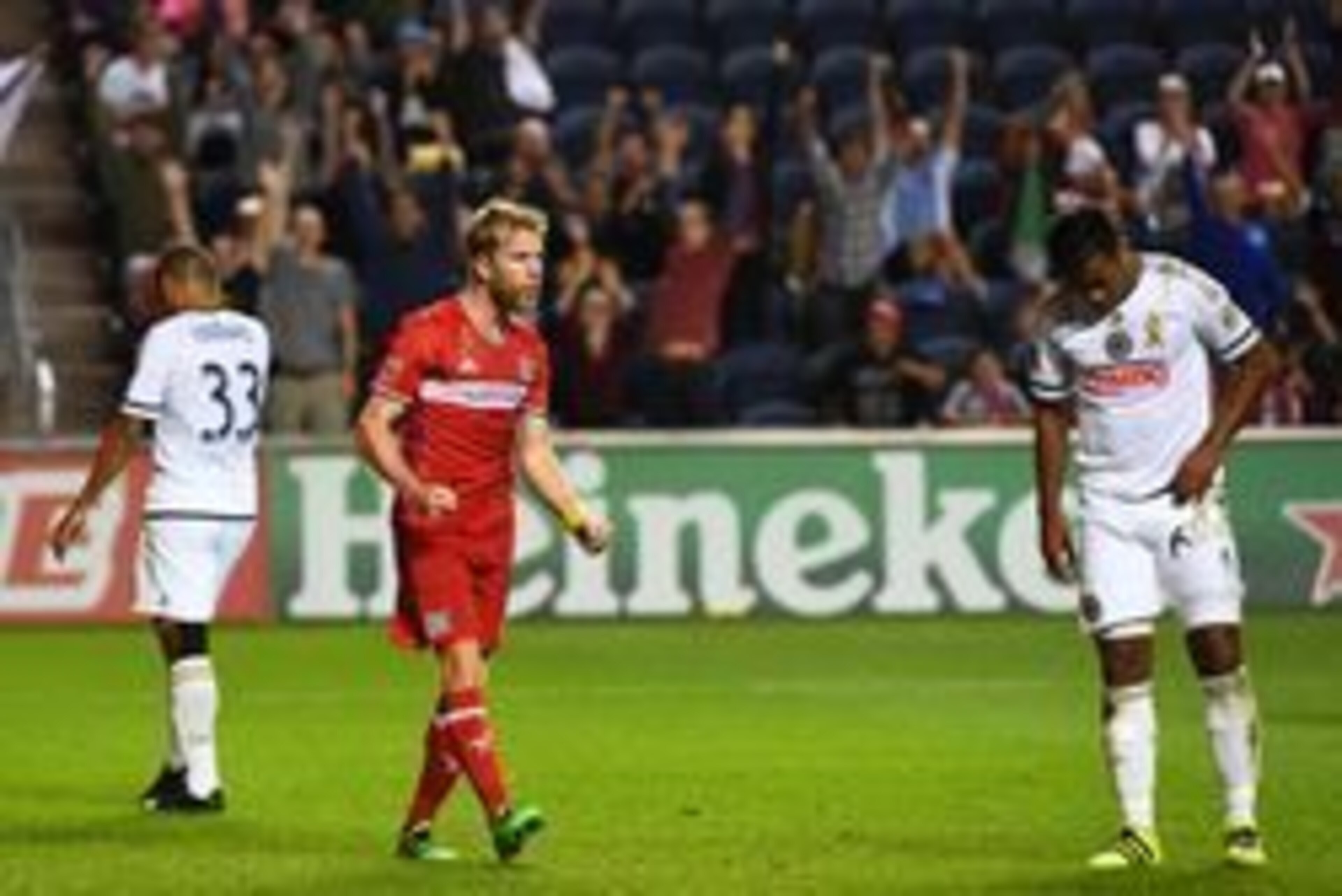 Sep 3, 2016; Chicago, IL, USA;  Chicago Fire midfielder Michael de Leeuw (8) reacts after scoring a goal against the Philadelphia Union during the first half at Toyota Park. Mandatory Credit: Mike DiNovo-USA TODAY Sports