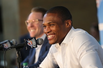 OKLAHOMA CITY, OK - AUGUST 4:  Russell Westbrook of the Oklahoma City Thunder speaks to the media at a press conference after signing a contract extension on August 4, 2016 at the Chesapeake Energy Arena in Oklahoma City, Oklahoma. NOTE TO USER: User expr