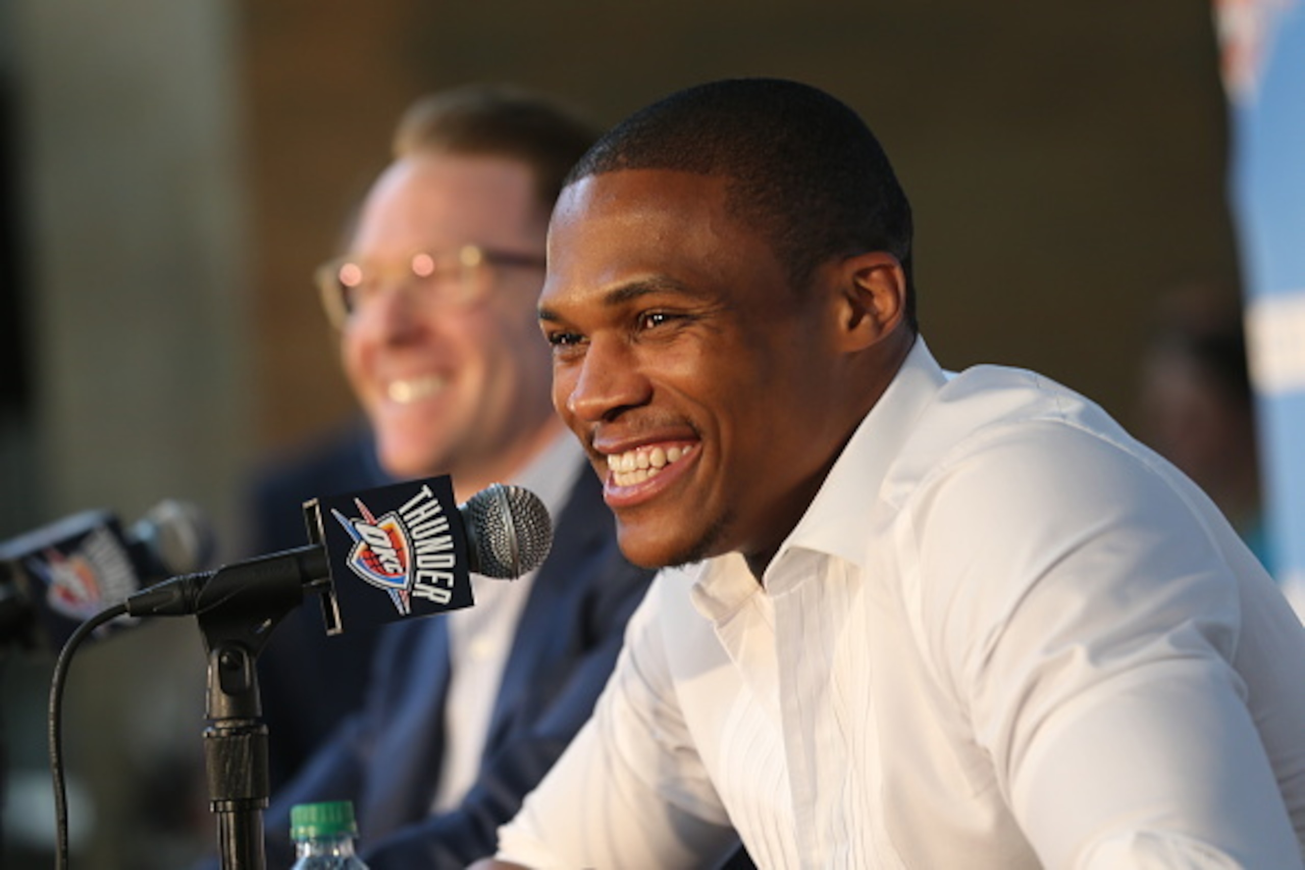 OKLAHOMA CITY, OK - AUGUST 4:  Russell Westbrook of the Oklahoma City Thunder speaks to the media at a press conference after signing a contract extension on August 4, 2016 at the Chesapeake Energy Arena in Oklahoma City, Oklahoma. NOTE TO USER: User expr