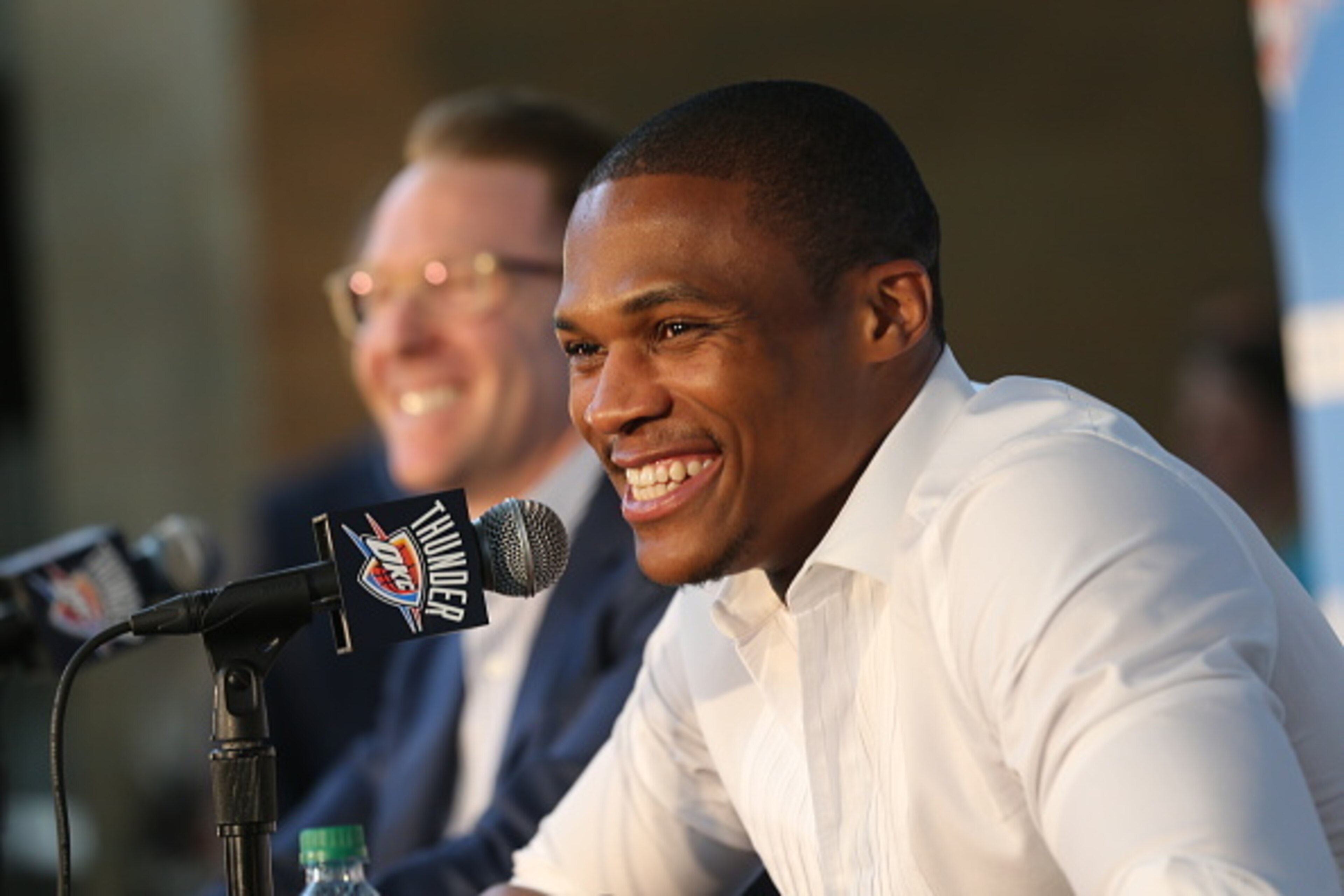 OKLAHOMA CITY, OK - AUGUST 4:  Russell Westbrook of the Oklahoma City Thunder speaks to the media at a press conference after signing a contract extension on August 4, 2016 at the Chesapeake Energy Arena in Oklahoma City, Oklahoma. NOTE TO USER: User expr