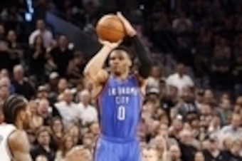 May 10, 2016; San Antonio, TX, USA; Oklahoma City Thunder point guard Russell Westbrook (0) shoots the ball over San Antonio Spurs small forward Kawhi Leonard (2) in game five of the second round of the NBA Playoffs at AT&T Center. Mandatory Credit: Soobu