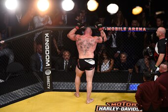 LAS VEGAS, NV - JULY 09:  Brock Lesnar reacts after his victory over Mark Hunt of New Zealand during UFC 200 event at T-Mobile Arena on July 9, 2016 in Las Vegas, Nevada.  (Photo by Jeff Bottari/Zuffa LLC/Zuffa LLC via Getty Images)