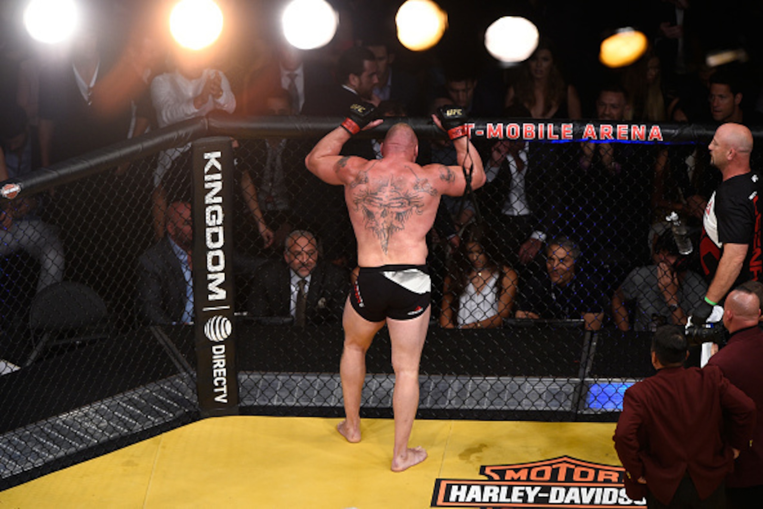 LAS VEGAS, NV - JULY 09:  Brock Lesnar reacts after his victory over Mark Hunt of New Zealand during UFC 200 event at T-Mobile Arena on July 9, 2016 in Las Vegas, Nevada.  (Photo by Jeff Bottari/Zuffa LLC/Zuffa LLC via Getty Images)