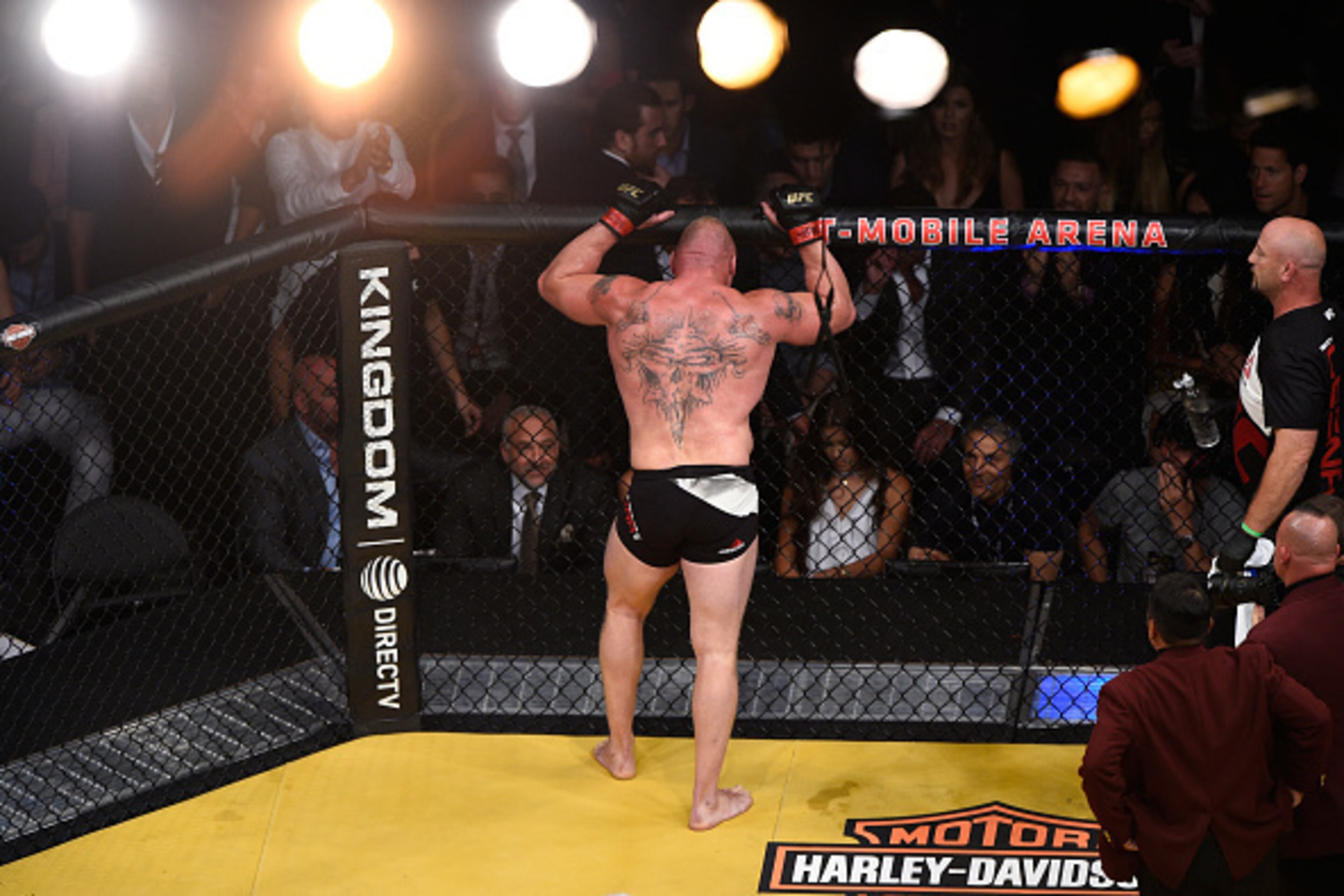 LAS VEGAS, NV - JULY 09:  Brock Lesnar reacts after his victory over Mark Hunt of New Zealand during UFC 200 event at T-Mobile Arena on July 9, 2016 in Las Vegas, Nevada.  (Photo by Jeff Bottari/Zuffa LLC/Zuffa LLC via Getty Images)