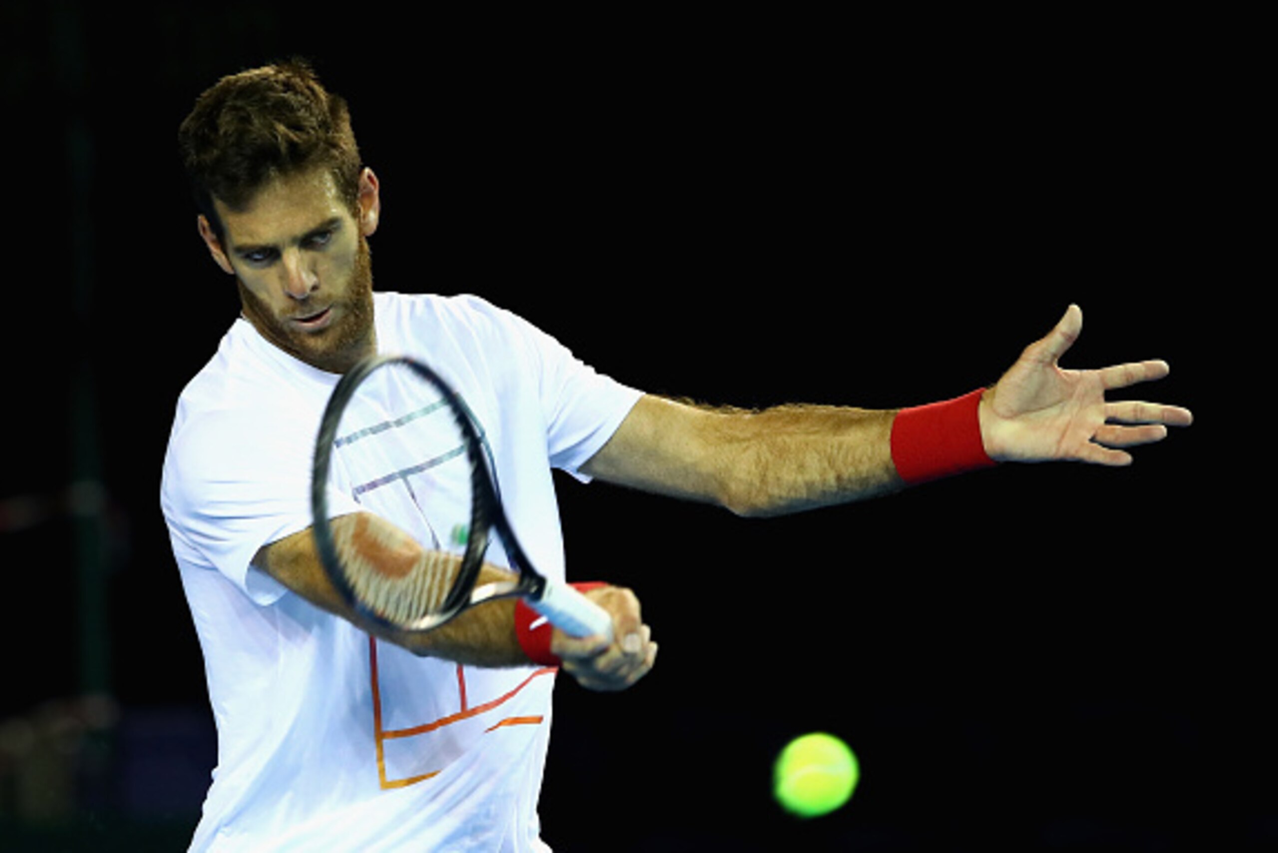 GLASGOW, SCOTLAND - SEPTEMBER 15:  Juan Martin Del Potro of Argentina in action during a practice session prior to the Davis Cup World Group semi final tie between Great Britain and Argentina at Emirates Arena on September 15, 2016 in Glasgow, Scotland.  