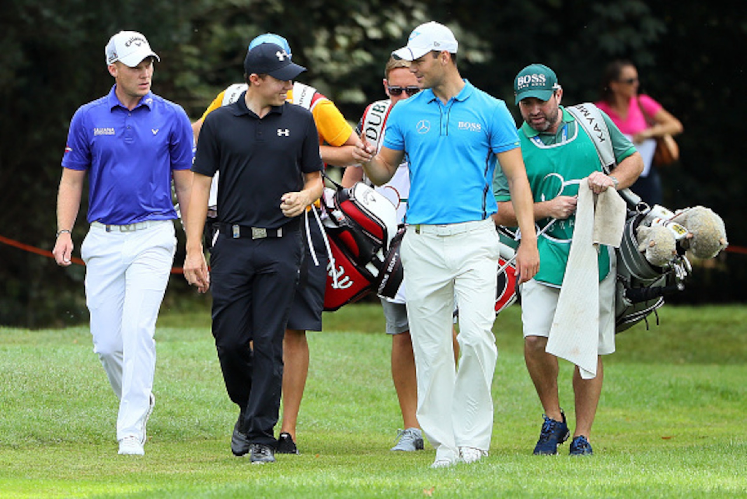 MONZA, ITALY - SEPTEMBER 16:  Danny Willett of England (L), Matthew Fitzpatrick of England (C) and Martin Kaymer of Germany right walk down the 17th hole during day two of the Italian Open at Golf Club Milano - Parco Reale di Monza on September 16, 2016 i