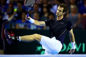 GLASGOW, SCOTLAND - SEPTEMBER 16:  Andy Murray of Great Britain reacts during his singles match against Juan Martin del Potro of Argentina during day one of the Davis Cup Semi Final between Great Britain and Argentina at Emirates Arena on September 16, 20