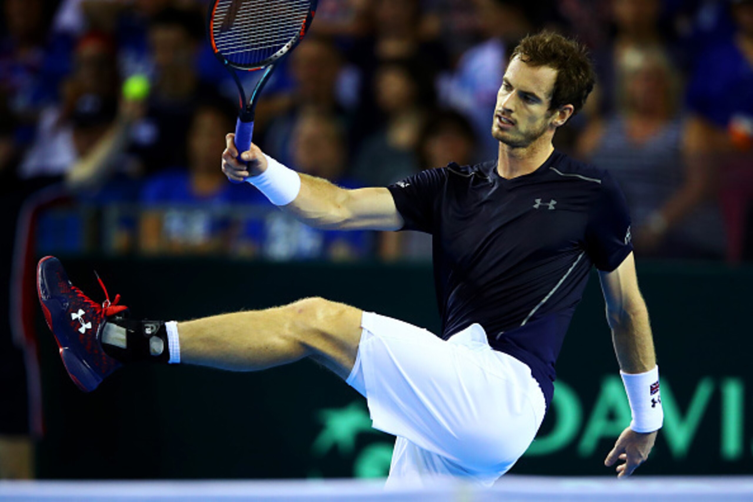 GLASGOW, SCOTLAND - SEPTEMBER 16:  Andy Murray of Great Britain reacts during his singles match against Juan Martin del Potro of Argentina during day one of the Davis Cup Semi Final between Great Britain and Argentina at Emirates Arena on September 16, 20