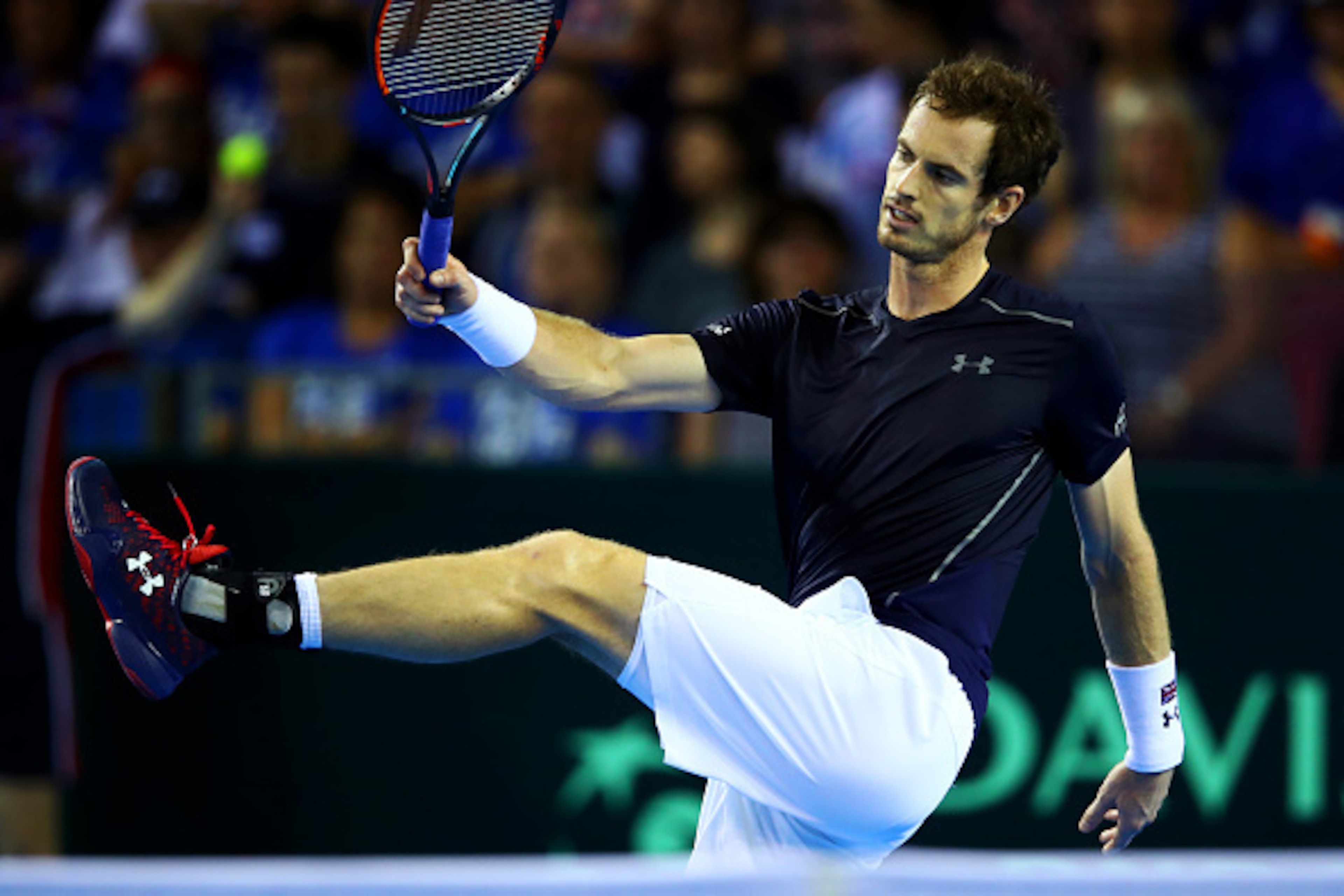 GLASGOW, SCOTLAND - SEPTEMBER 16: Andy Murray of Great Britain reacts during his singles match against Juan Martin del Potro of Argentina during day one of the Davis Cup Semi Final between Great Britain and Argentina at Emirates Arena on September 16, 20 GLASGOW, SCOTLAND - SEPTEMBER 16: Andy Murray of Great Britain reacts during his singles match against Juan Martin del Potro of Argentina during day one of the Davis Cup Semi Final between Great Britain and Argentina at Emirates Arena on September 16, 20