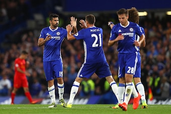 LONDON, ENGLAND - SEPTEMBER 16: Diego Costa of Chelsea celebrates scoring his sides first goal with Nemanja Matic of Chelsea  during the Premier League match between Chelsea and Liverpool at Stamford Bridge on September 16, 2016 in London, England.  (Phot