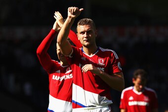 WEST BROMWICH, ENGLAND - AUGUST 28: Ben Gibson of Middlesbrough salutes the fans after the Premier League match between West Bromwich Albion and Middlesbrough at The Hawthorns on August 28, 2016 in West Bromwich, England.  (Photo by Michael Steele/Getty I