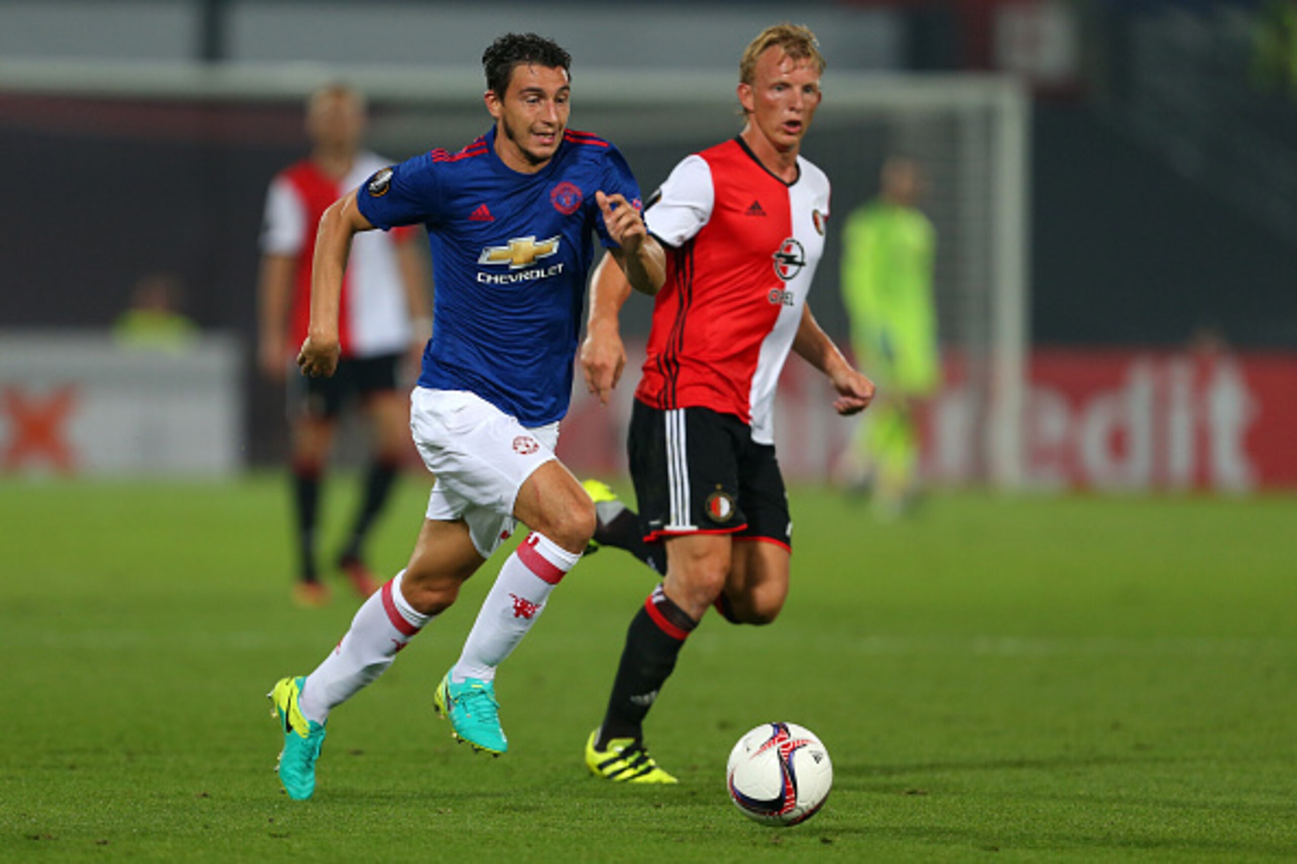 ROTTERDAM, NETHERLANDS - SEPTEMBER 15: Matteo Darmian of Manchester United and Dirk Kuyt of Feyenoord during the UEFA Europa League match between Feyenoord and Manchester United at Feijenoord Stadion on September 15, 2016 in Rotterdam, . (Photo by Catheri