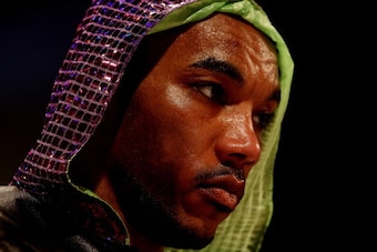 SHEFFIELD, UNITED KINGDOM - MAY 12:  Junior Witter enters the ring during his British Welterweight Championship bout with Colin Lynes at Hillsborough Leisure Centre on May 12, 2012 in Sheffield, England  (Photo by Scott Heavey/Getty Images)