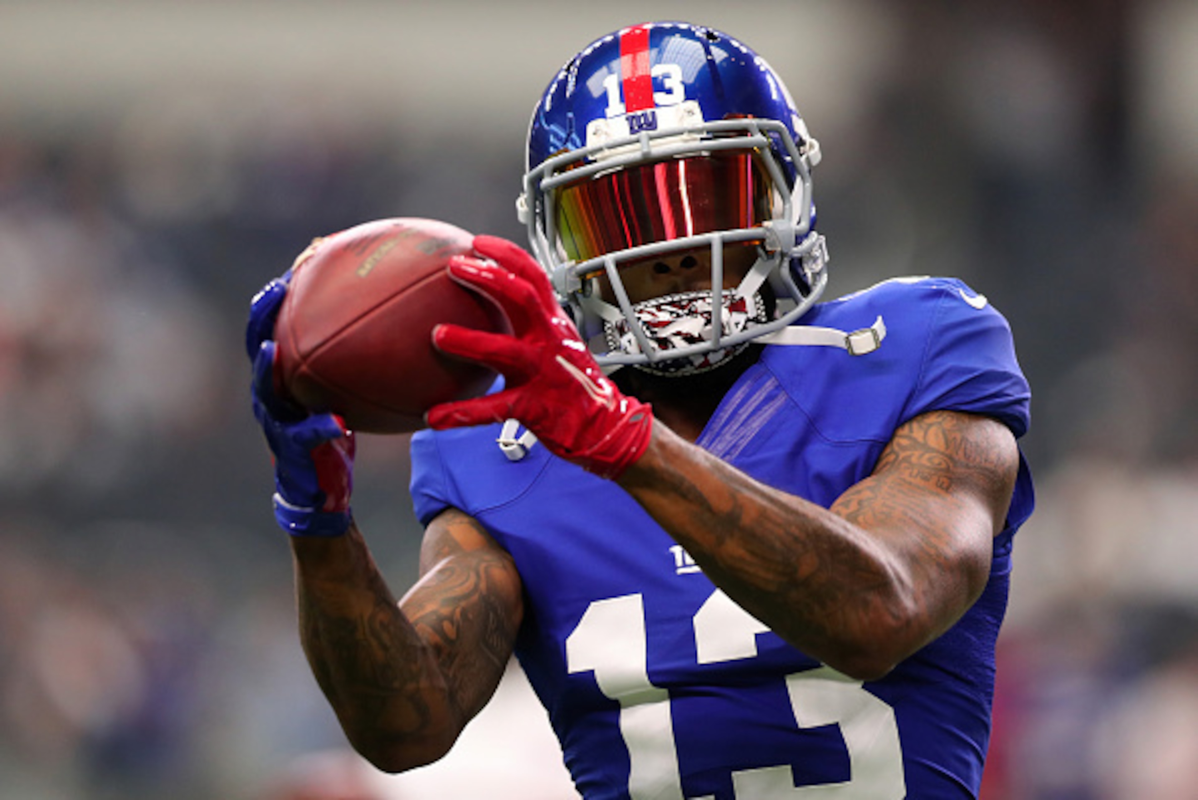 ARLINGTON, TX - SEPTEMBER 11: Odell Beckham #13 of the New York Giants warms up prior to the game against the Dallas Cowboys at AT&T Stadium on September 11, 2016 in Arlington, Texas. (Photo by Tom Pennington/Getty Images) ARLINGTON, TX - SEPTEMBER 11: Odell Beckham #13 of the New York Giants warms up prior to the game against the Dallas Cowboys at AT&T Stadium on September 11, 2016 in Arlington, Texas. (Photo by Tom Pennington/Getty Images)