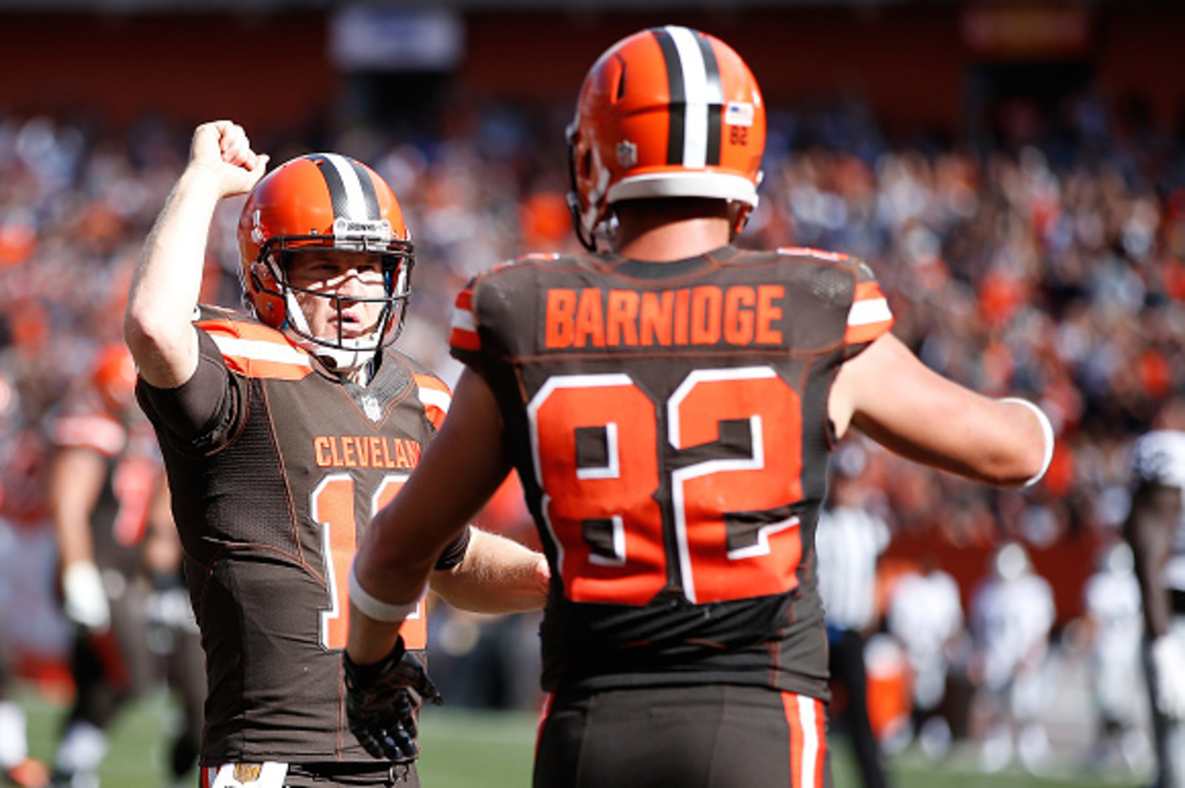 CLEVELAND, OH - SEPTEMBER 27: Gary Barnidge #82 of the Cleveland Browns celebrates his touchdown with Josh McCown #13 during the third quarter against the Oakland Raiders at FirstEnergy Stadium on September 27, 2015 in Cleveland, Ohio. (Photo by Joe Rob CLEVELAND, OH - SEPTEMBER 27: Gary Barnidge #82 of the Cleveland Browns celebrates his touchdown with Josh McCown #13 during the third quarter against the Oakland Raiders at FirstEnergy Stadium on September 27, 2015 in Cleveland, Ohio. (Photo by Joe Rob