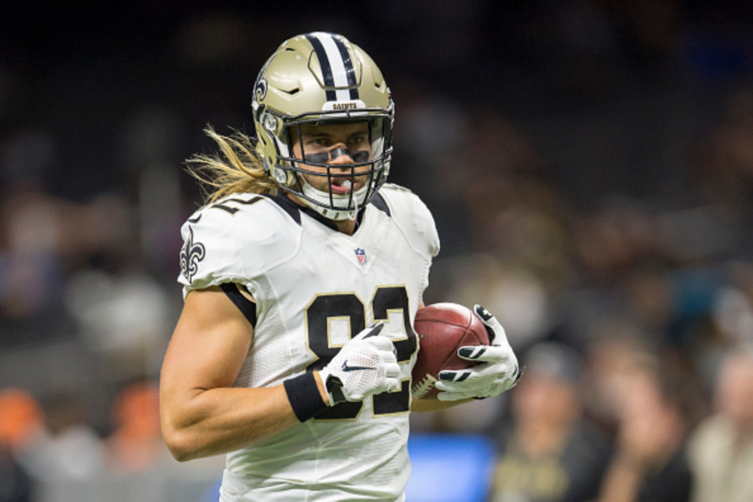NASHVILLE, TN - AUGUST 26:  Coby Fleener #82 of the New Orleans Saints of the New Orleans Saints of the New Orleans Saints warming up before a preseason game against the Pittsburgh Steelers at Mercedes-Benz Superdome on August 26, 2016 in New Orleans, Lou