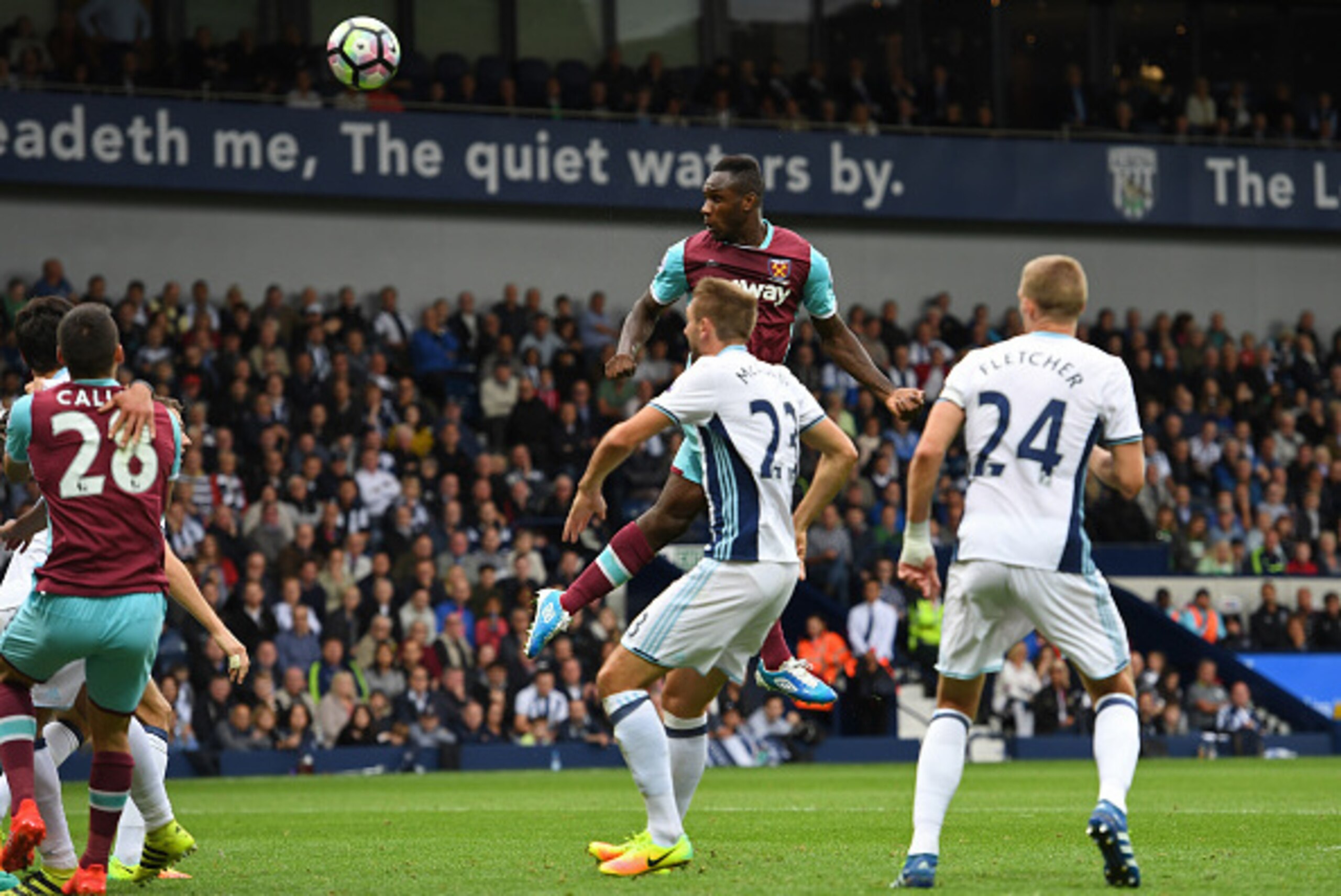 WEST BROMWICH, ENGLAND - SEPTEMBER 17: Michail Antonio of West Ham United scores his sides first goal during the Premier League match between West Bromwich Albion and West Ham United at The Hawthorns on September 17, 2016 in West Bromwich, England.  (Phot