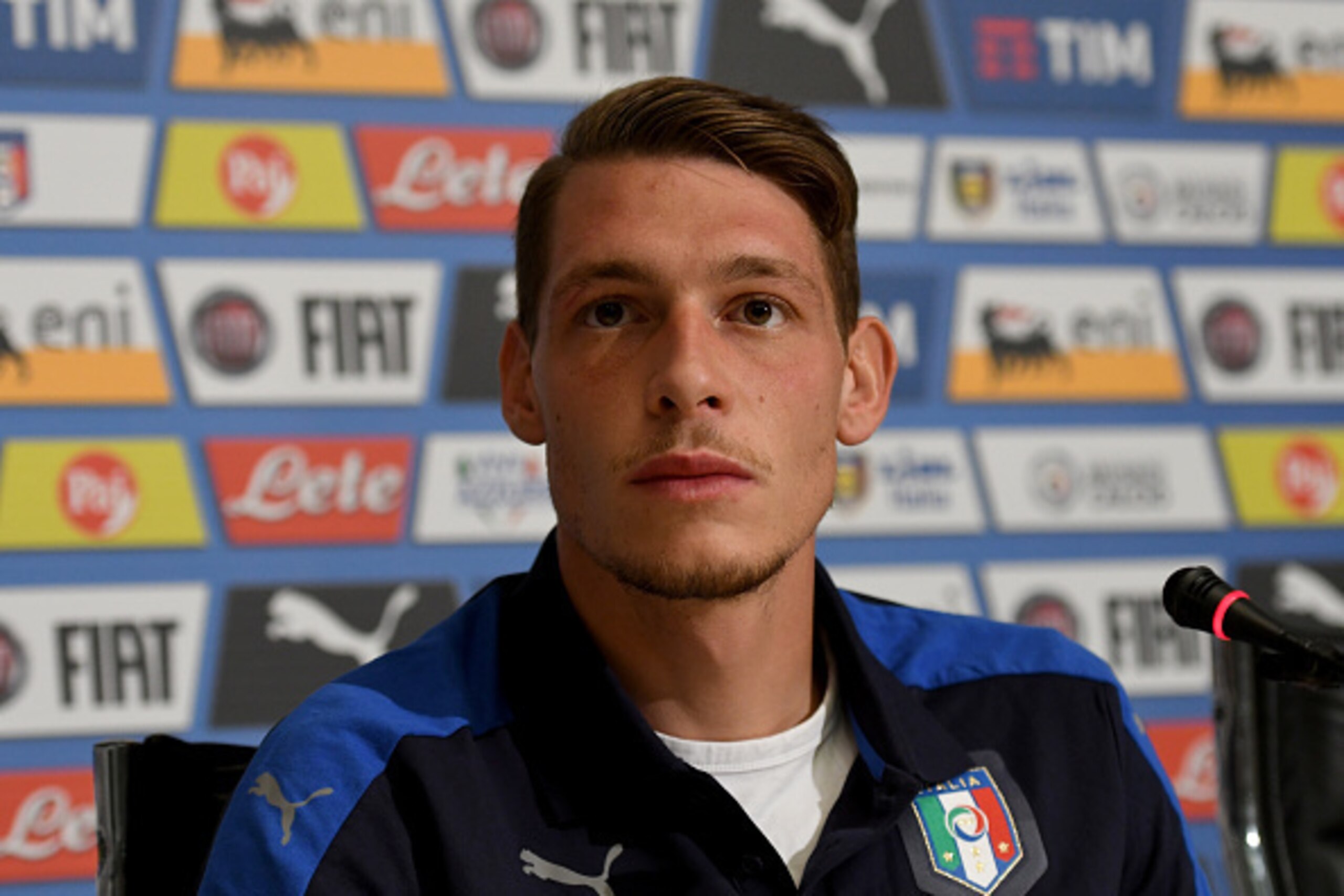 FLORENCE, ITALY - AUGUST 30:  Andrea Belotti of Italy speaks with the media during the press conference at the club's training ground at Coverciano on August 30, 2016 in Florence, Italy.  (Photo by Claudio Villa/Getty Images)