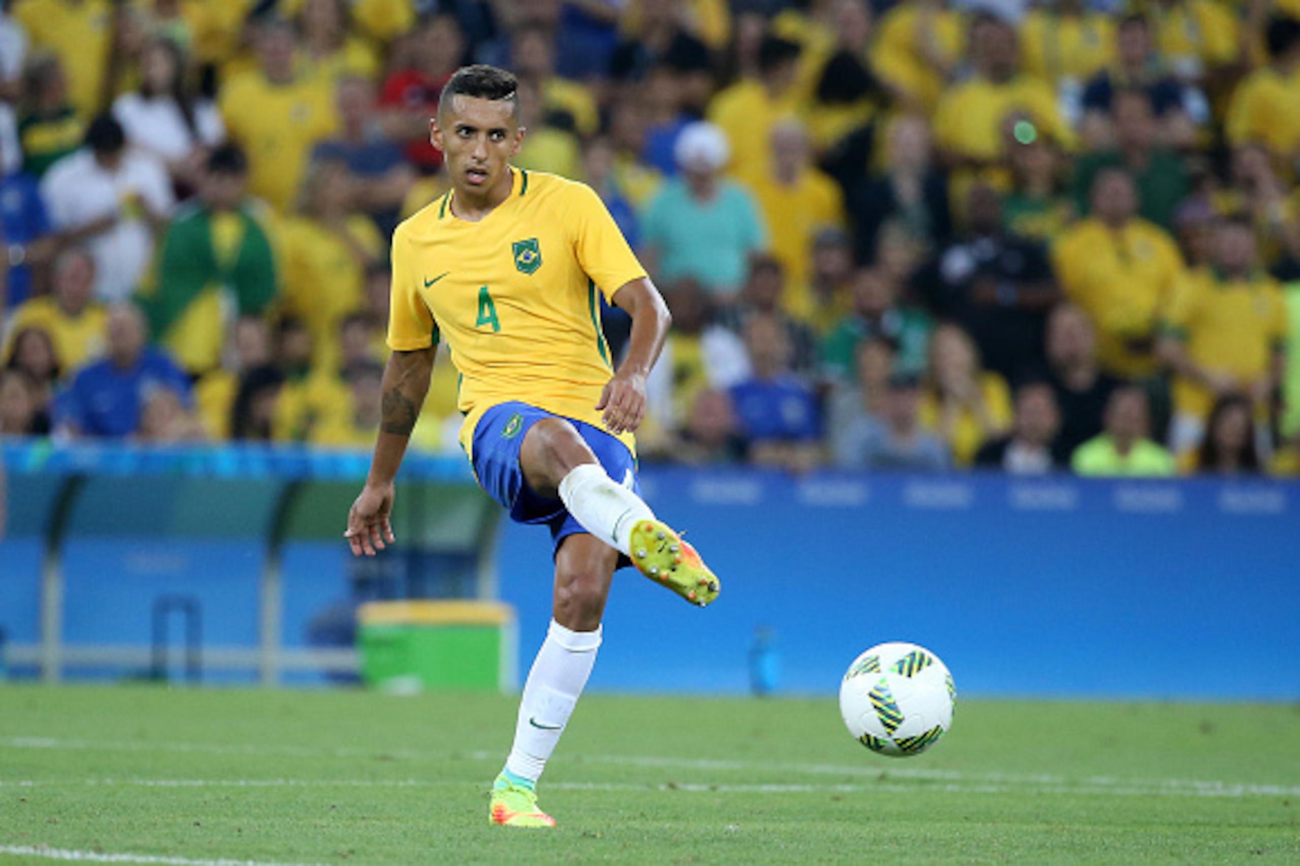 RIO DE JANEIRO, BRAZIL - AUGUST 20: Marquinhos of Brazil in action during the Men's Soccer Final between Brazil and Germany on day 15 of the Rio 2016 Olympic Games at Maracana Stadium on August 20, 2016 in Rio de Janeiro, Brazil. (Photo by Jean Catuffe/Ge