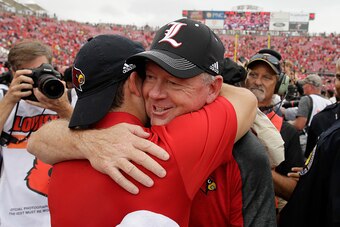 LOUISVILLE, KY - SEPTEMBER 17:  Bobby Petrino the head coach of the Louisville Cardinals celebrates  after the 63-20 win over the Florida State Seminoles  at Papa John's Cardinal Stadium on September 17, 2016 in Louisville, Kentucky.  (Photo by Andy Lyons