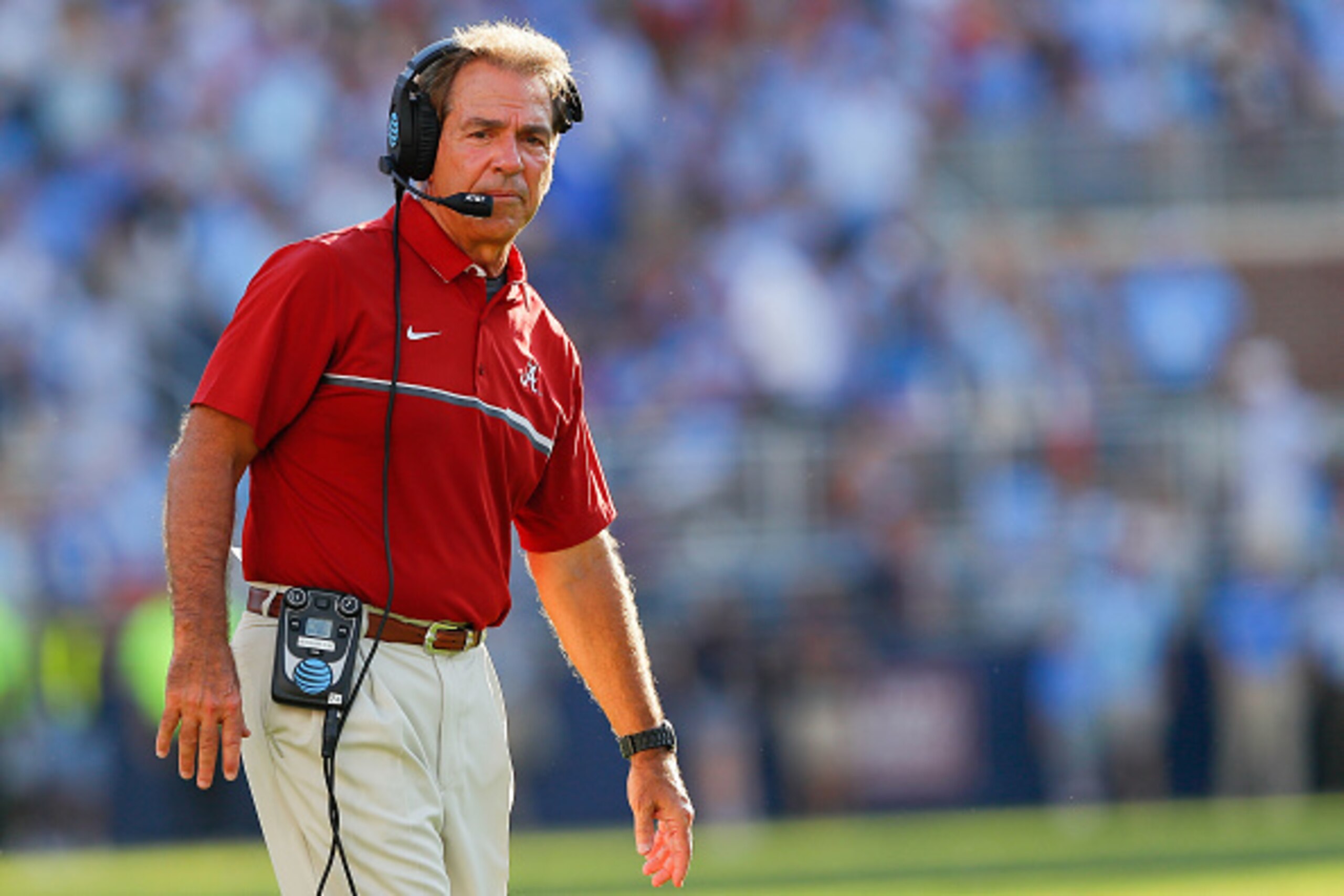 OXFORD, MS - SEPTEMBER 17:  Head coach Nick Saban of the Alabama Crimson Tide looks on against the Mississippi Rebels at Vaught-Hemingway Stadium on September 17, 2016 in Oxford, Mississippi.  (Photo by Kevin C. Cox/Getty Images)