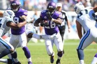 Sep 11, 2016; Nashville, TN, USA; Minnesota Vikings running back Adrian Peterson (28) runs for a short gain during the second half against the Tennessee Titans  at Nissan Stadium. Mandatory Credit: Christopher Hanewinckel-USA TODAY Sports