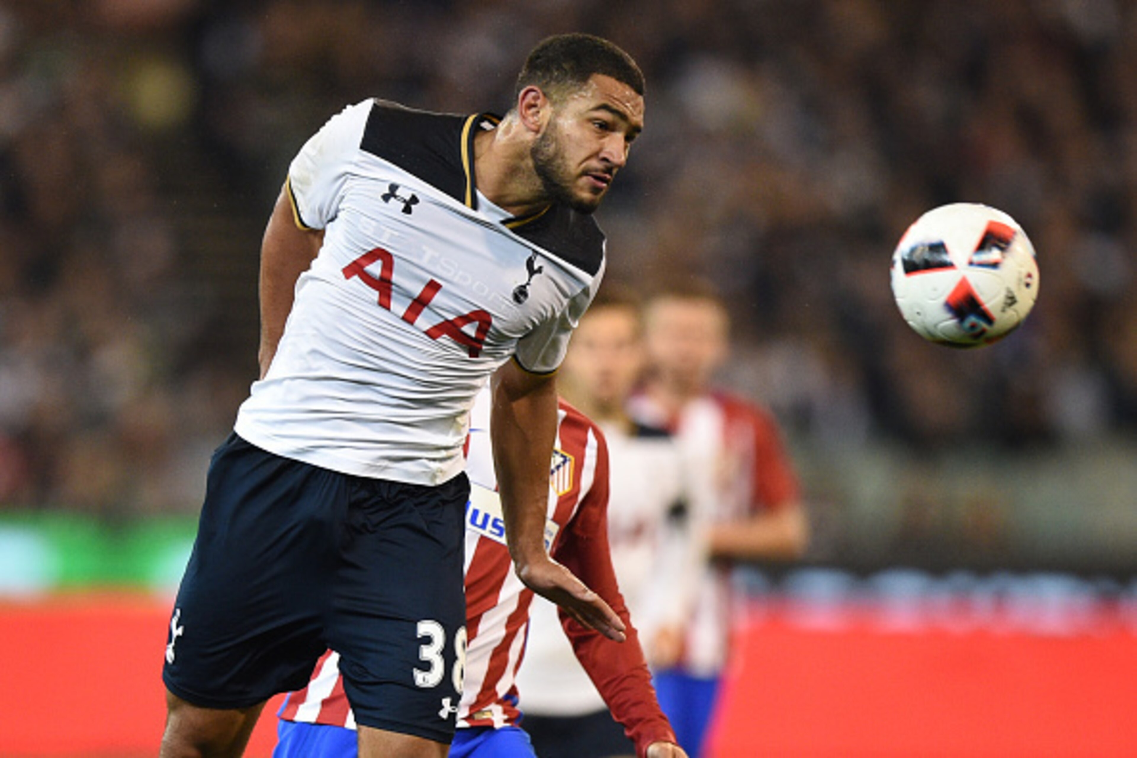 MELBOURNE, AUSTRALIA - JULY 29:   Cameron Carter-Vickers of Tottenham Hotspur headers the ball during 2016 International Champions Cup Australia match between Tottenham Hotspur and Atletico de Madrid at Melbourne Cricket Ground on July 29, 2016 in Melbour