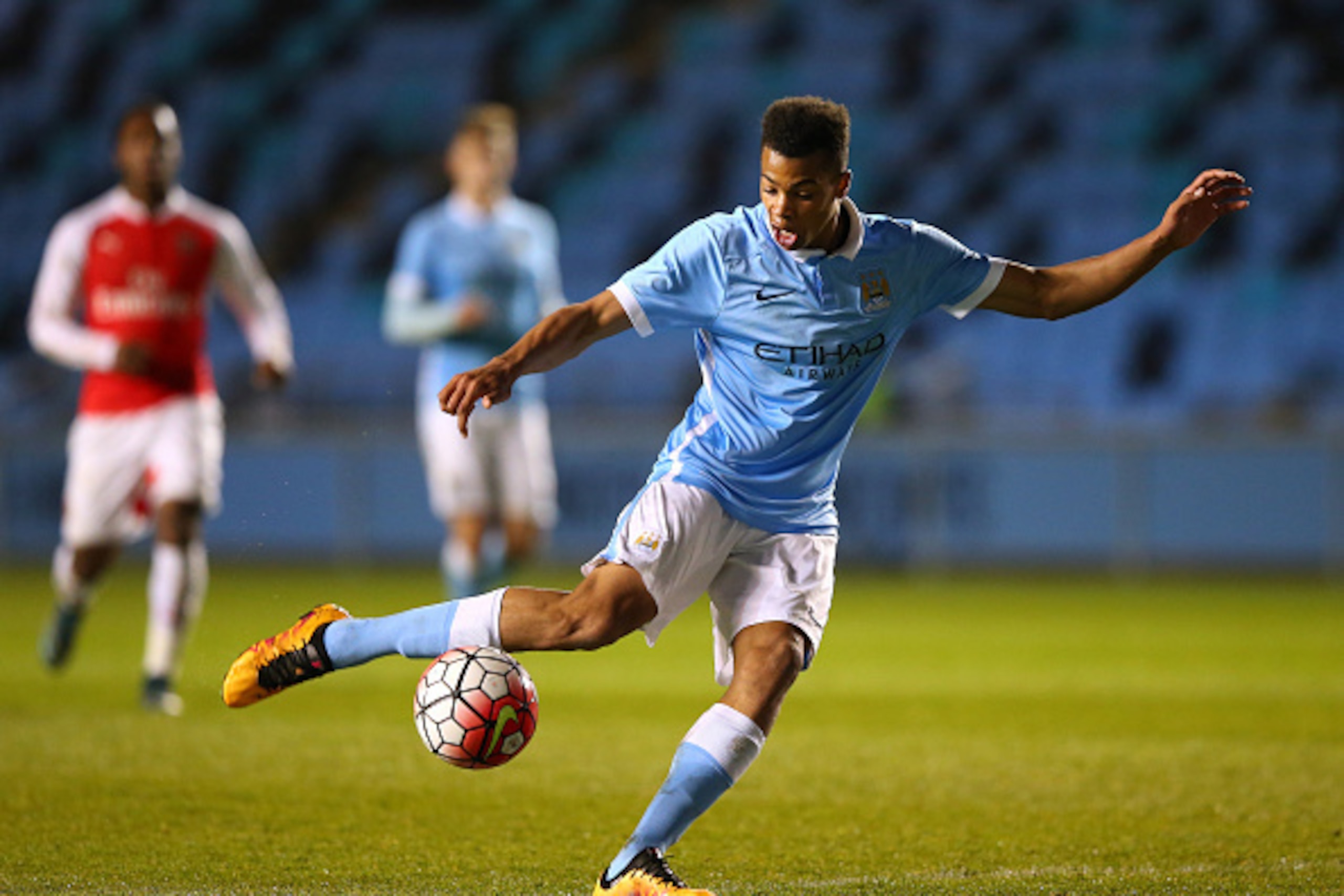 MANCHESTER, ENGLAND - MARCH 18:  Lukas Nmecha of Manchester City during the FA Youth Cup Semi Final, First Leg match between Manchester City and Arsenal at the City Football Academy on March 18, 2016 in Manchester, England.  (Photo by Alex Livesey/Getty I