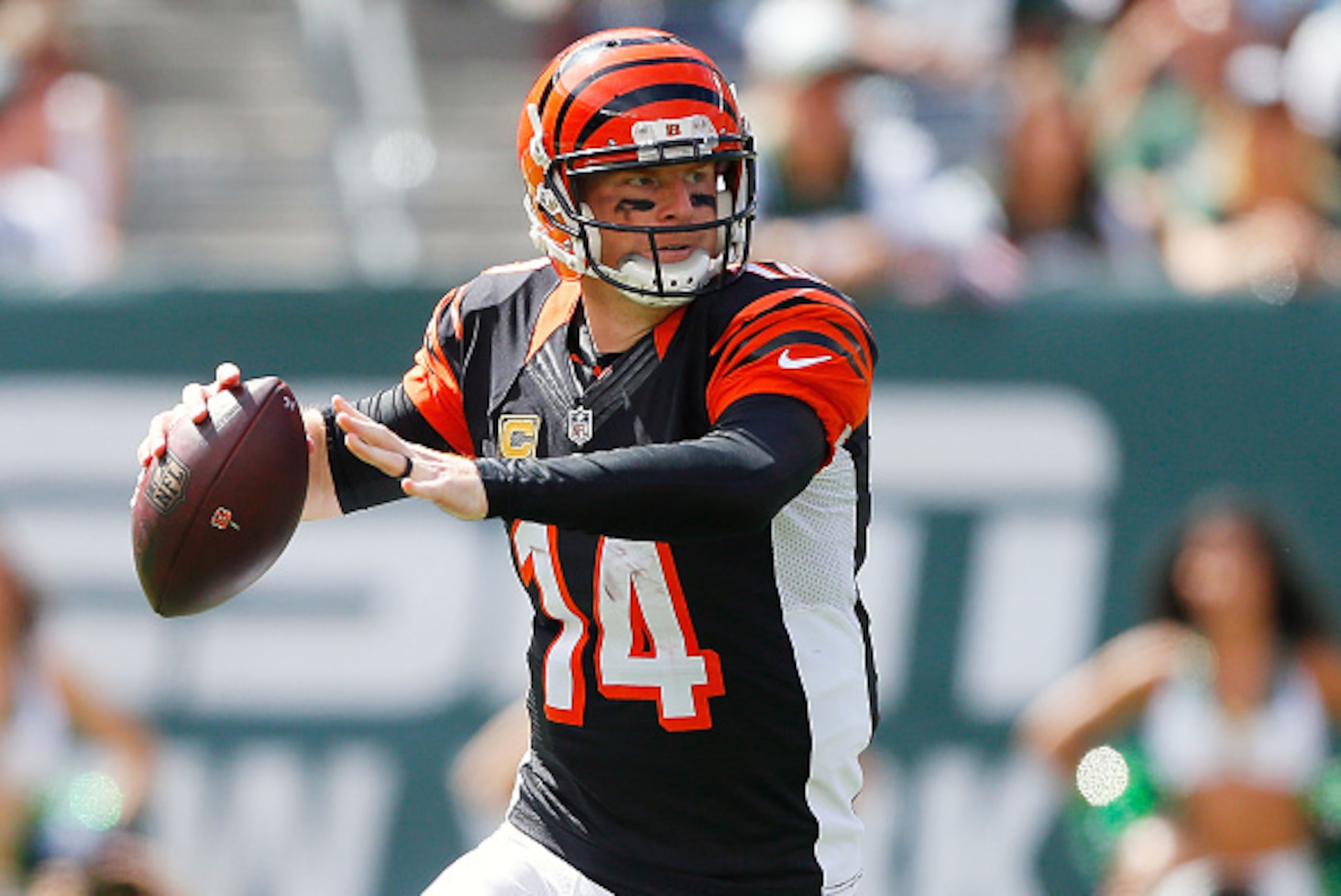 EAST RUTHERFORD, NJ - SEPTEMBER 11:  (NEW YORK DAILIES OUT)     Andy Dalton #14 of the Cincinnati Bengals in action against the New York Jets on September 11, 2016 at MetLife Stadium in East Rutherford, New Jersey. The Bengals defeated the Jets 23-22.  (P