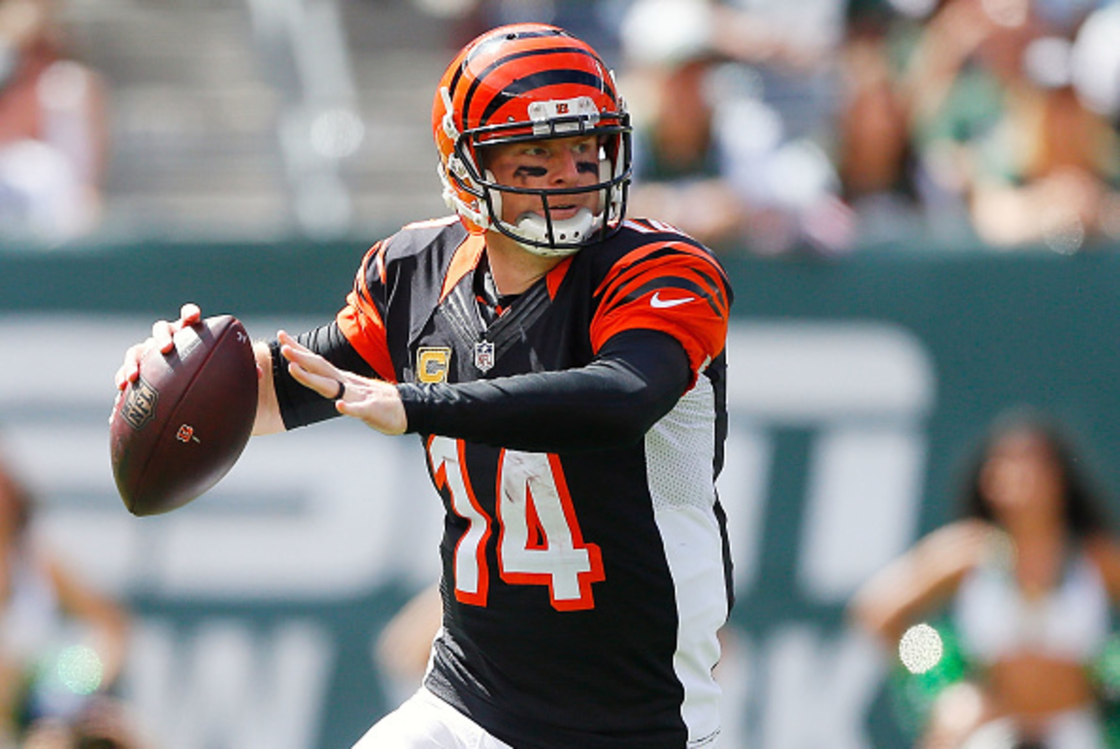 EAST RUTHERFORD, NJ - SEPTEMBER 11:  (NEW YORK DAILIES OUT)     Andy Dalton #14 of the Cincinnati Bengals in action against the New York Jets on September 11, 2016 at MetLife Stadium in East Rutherford, New Jersey. The Bengals defeated the Jets 23-22.  (P