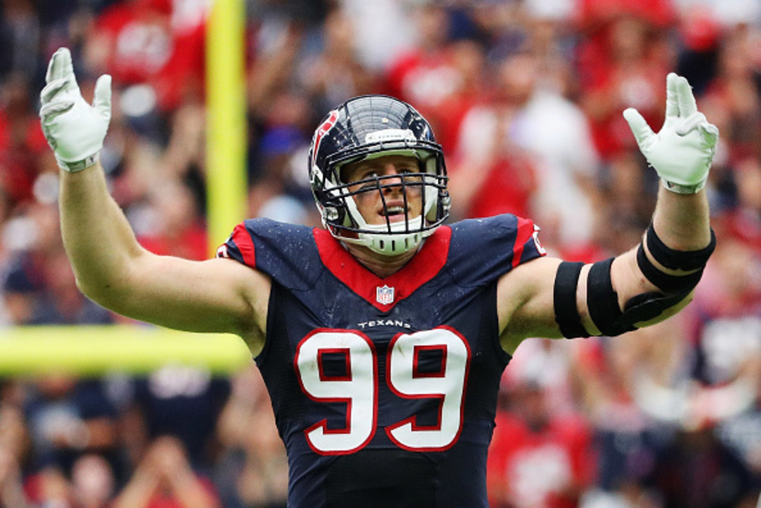 HOUSTON, TX - SEPTEMBER 18:  J.J. Watt #99 of the Houston Texans waits for a play in the fourth quarter of their game against the Kansas City Chiefs at NRG Stadium on September 18, 2016 in Houston, Texas.  (Photo by Scott Halleran/Getty Images)