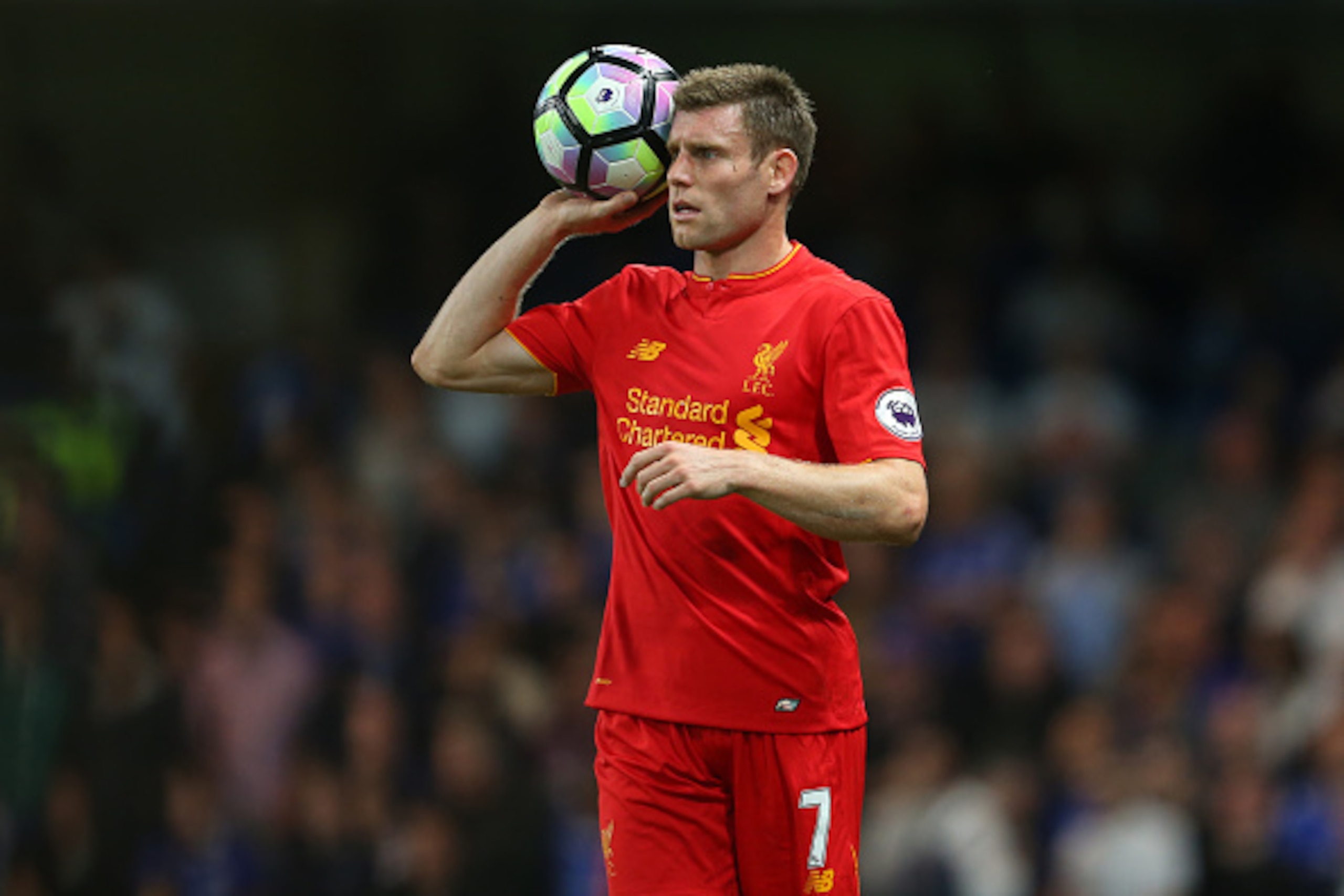 LONDON, ENGLAND - SEPTEMBER 16: James Milner of Liverpool takes a throw in during the Premier League match between Chelsea and Liverpool at Stamford Bridge on September 16, 2016 in London, England. (Photo by Catherine Ivill - AMA/Getty Images)