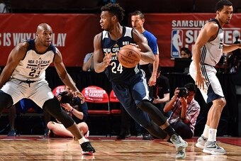 LAS VEGAS, NV - JULY 15: Buddy Hield #24 of New Orleans Pelicans handles the ball during the game against the NBA D-League Select during the 2016 Las Vegas Summer League on July 15, 2016 at the Thomas & Mack Center in Las Vegas, Nevada. NOTE TO USER: User