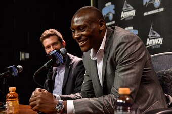 ORLANDO, FL - JULY 7:  Orlando Magic general manager Rob Hennigan and head coach Frank Vogel introduce new Magic player Bismack Biyombo during a press conference on July 7, 2016 at Amway Center in Orlando, Florida. NOTE TO USER: User expressly acknowledge