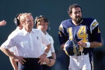 SAN DIEGO - DECEMBER 1:  Head coach Don Coryell and quarterback Dan Fouts #14 of the San Diego Chargers discuss strategy on the sidelines during a game against Buffalo Bills at Jack Murphy Stadium on December 1, 1985 in San Diego, California.  The Charger