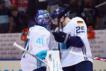 TORONTO, ON - SEPTEMBER 19: Jaroslav Halak #41 and Leon Draisaitl #29 of Team Europe celebrate their 3-2 overtime victory over Team Czech Republic during the World Cup of Hockey tournament at the Air Canada Centre on September 19, 2016 in Toronto, Canada.