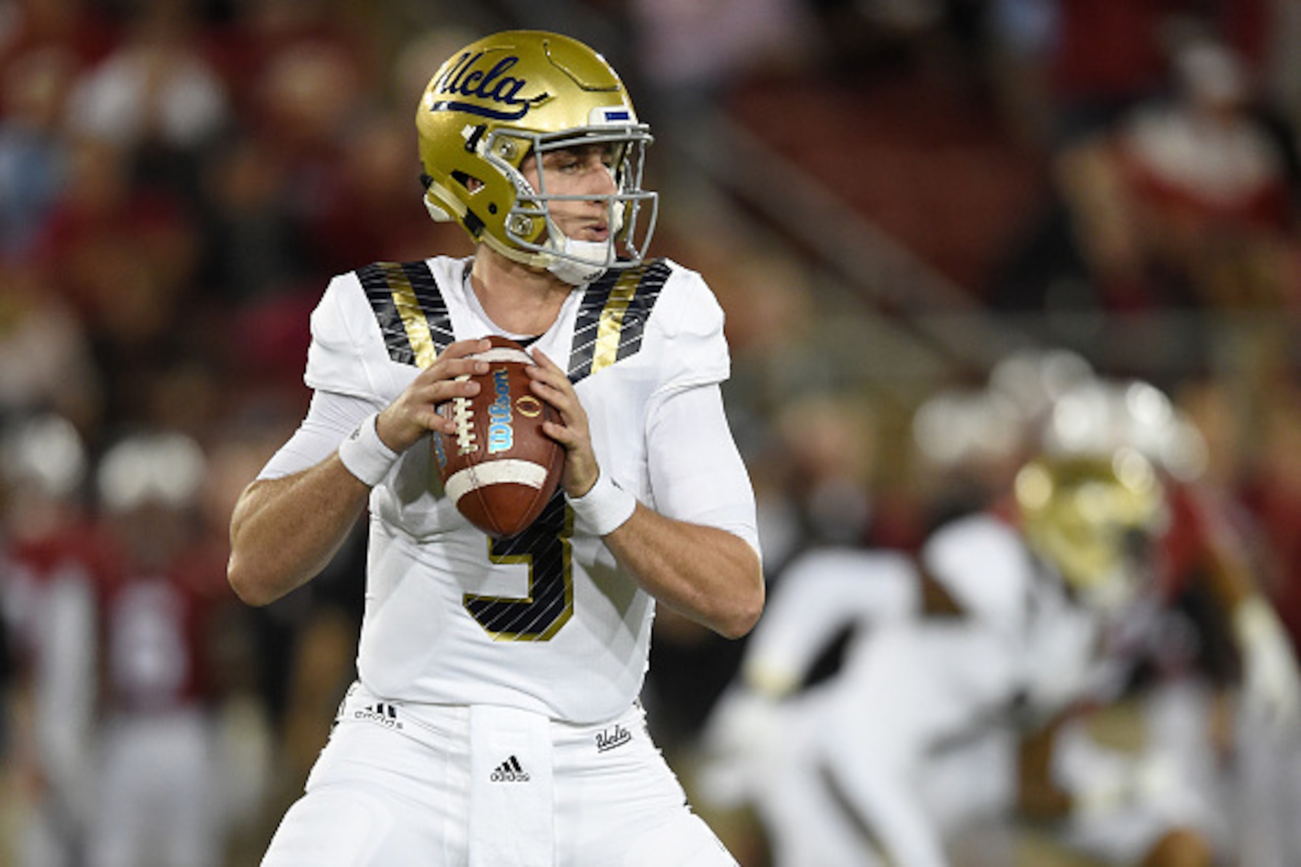 STANFORD, CA - OCTOBER 15:  Josh Rosen #3 of the UCLA Bruins looks to throws a pass against the Stanford Cardinal's in the first quarter of an NCAA football game at Stanford Stadium on October 15, 2015 in Stanford, California.  (Photo by Thearon W. Hender
