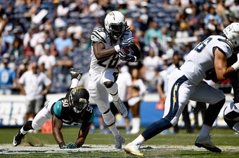 SAN DIEGO, CA - SEPTEMBER 18:  Melvin Gordon #28 of the San Diego Chargers runs with the ball against the Jacksonville Jaguars during the first half of  a game at Qualcomm Stadium on September 18, 2016 in San Diego, California. (Photo by Donald Miralle/Ge